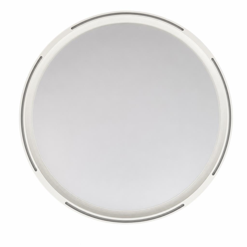 Un espejo redondo blanco con un borde delgado y gris.