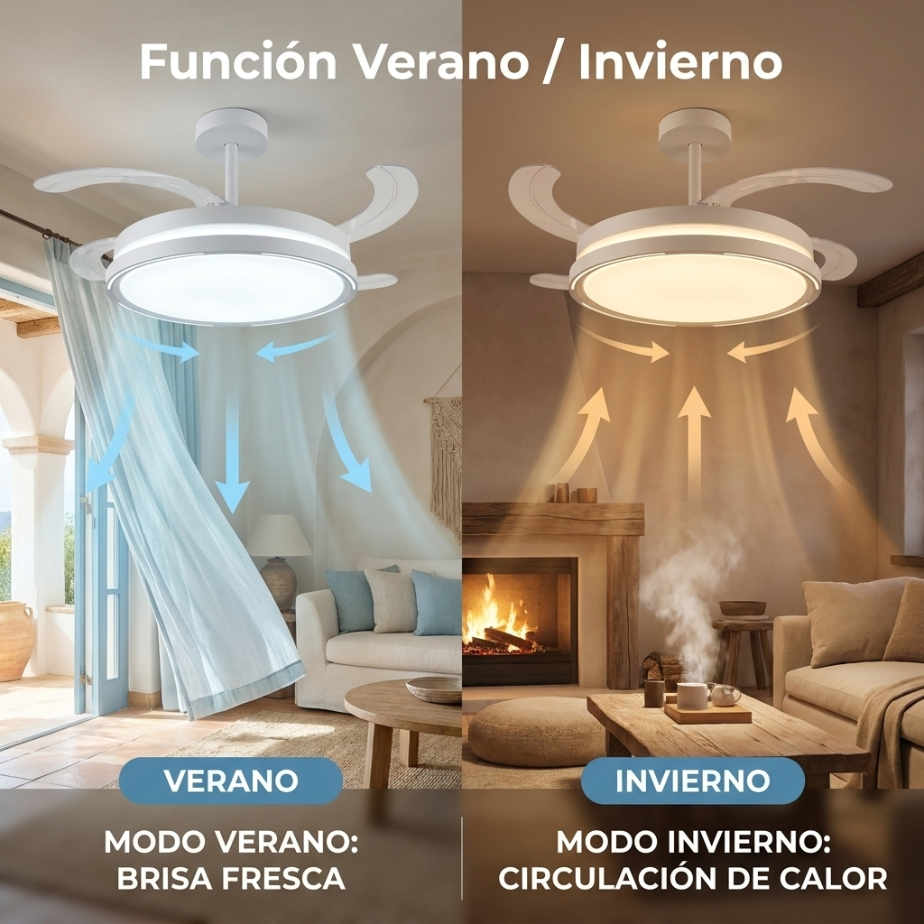 Ventilador de techo en modo verano e invierno, muestra brisa fresca y circulación de calor.