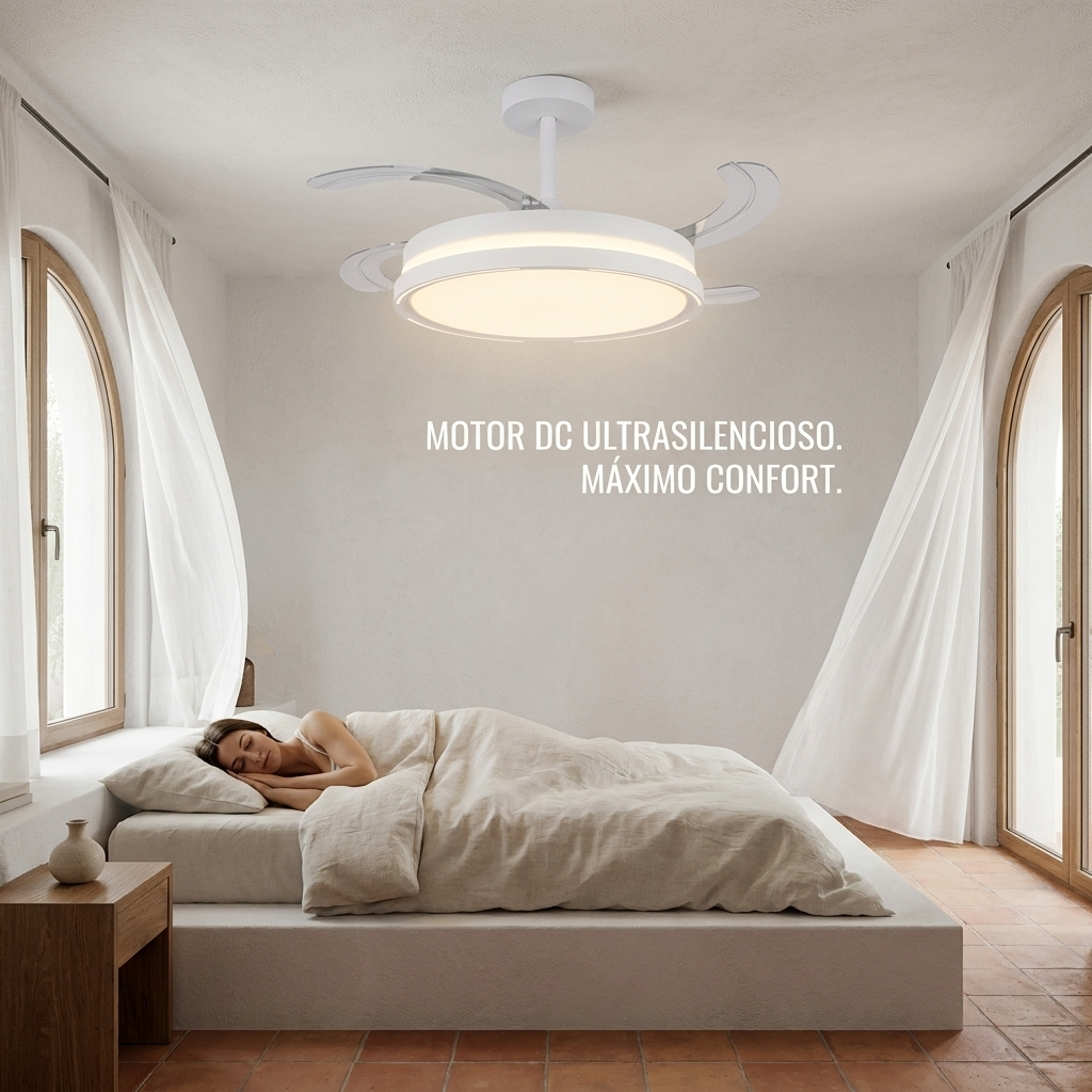 Una mujer duerme en un dormitorio luminoso bajo una lámpara de techo con ventilador.