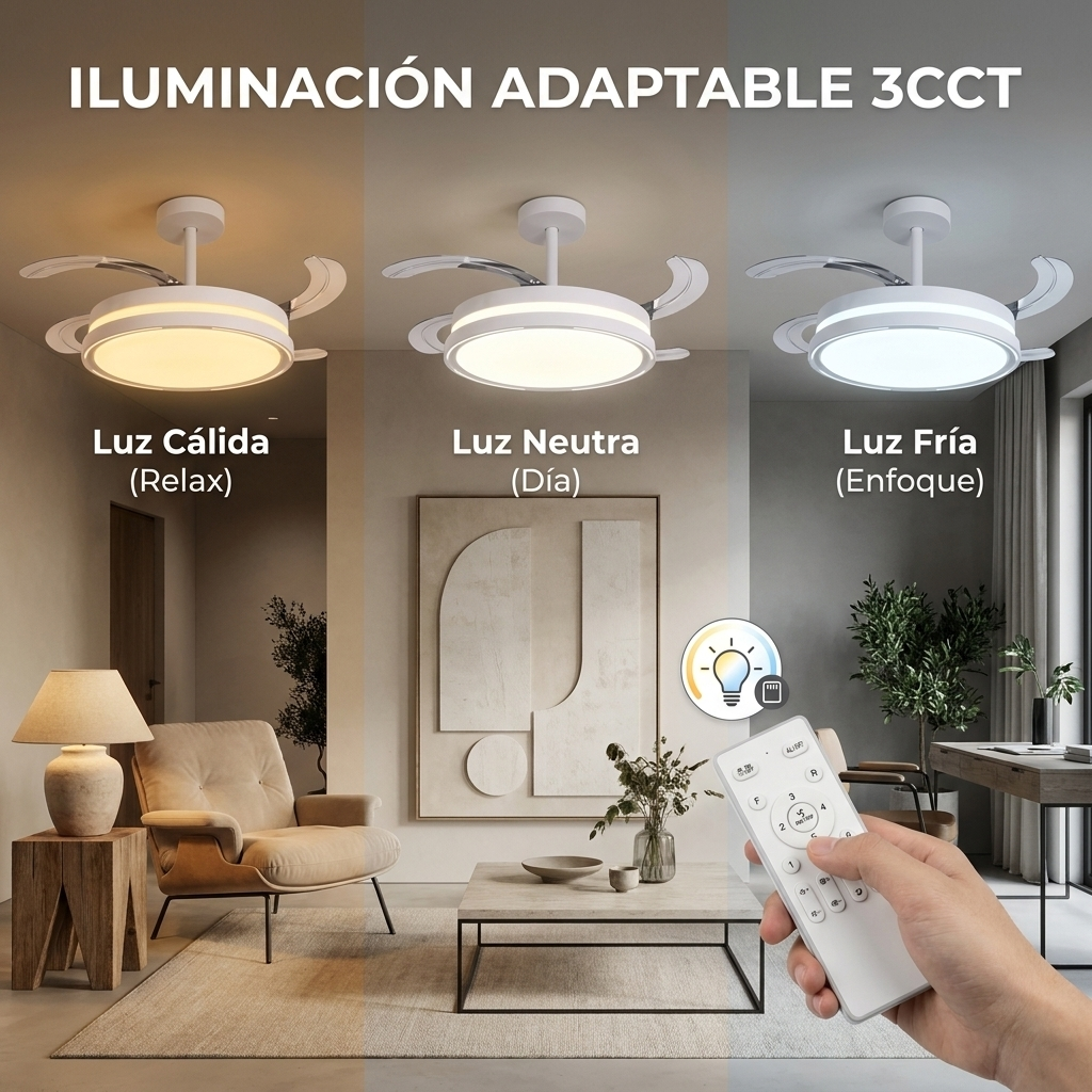 Ventilador de techo con iluminación adaptable 3CCT en configuraciones cálida, neutra y fría.