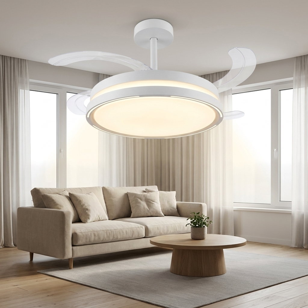 Un ventilador de techo moderno con luz sobre un sofá beige y mesa de centro.