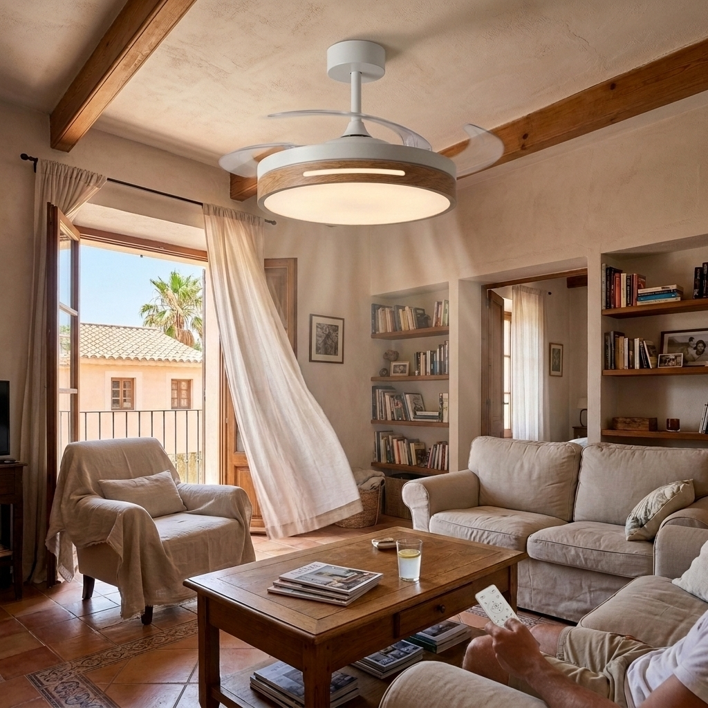 Un ventilador de techo con luz sobre una mesa de madera en una sala.