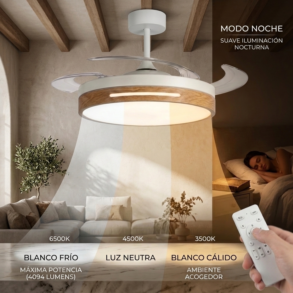 Ventilador de techo con luz en tres temperaturas de color: blanco frío, neutro y cálido.