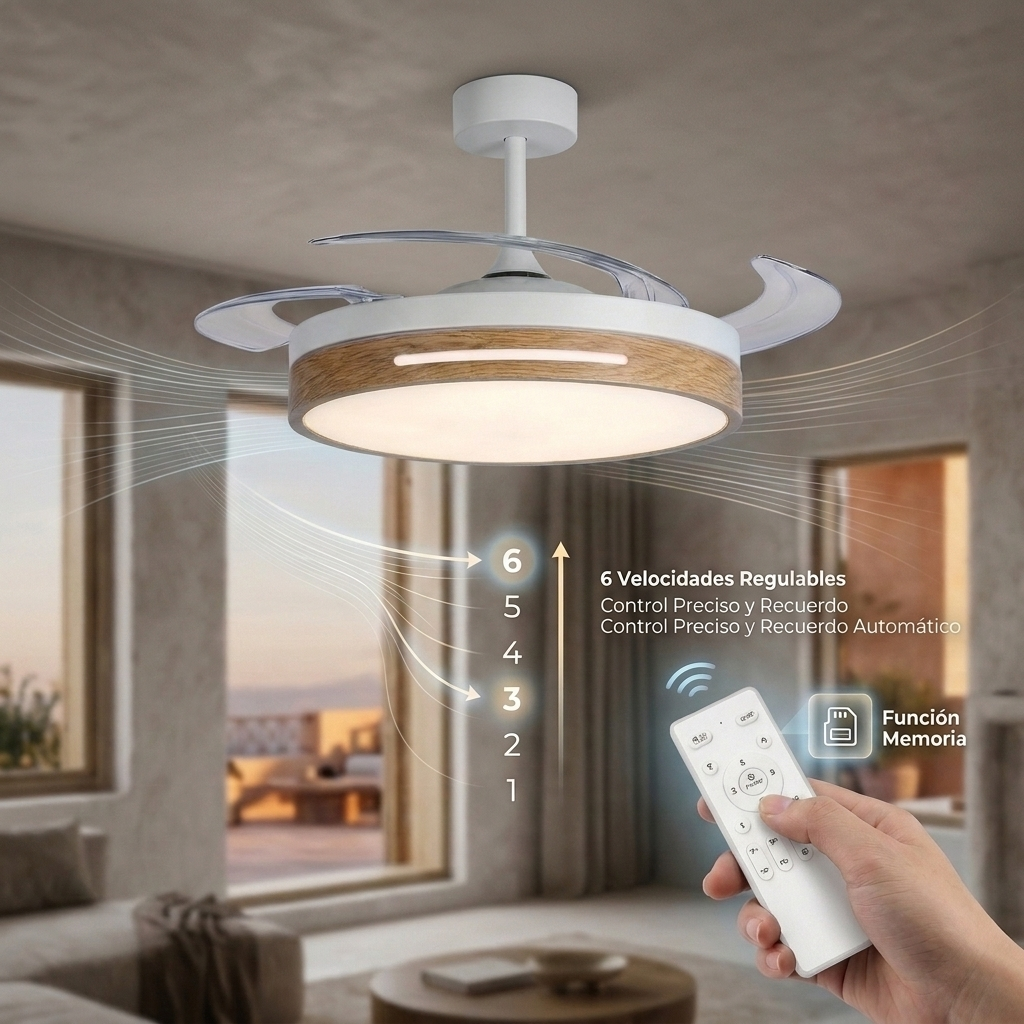 Ventilador de techo moderno con detalle de madera, luz LED y mando. 6 velocidades.