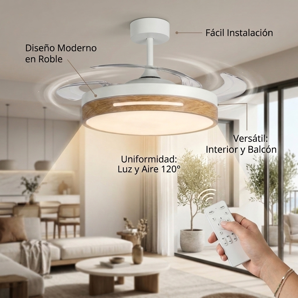Ventilador de techo moderno con diseño de madera y mando a distancia.