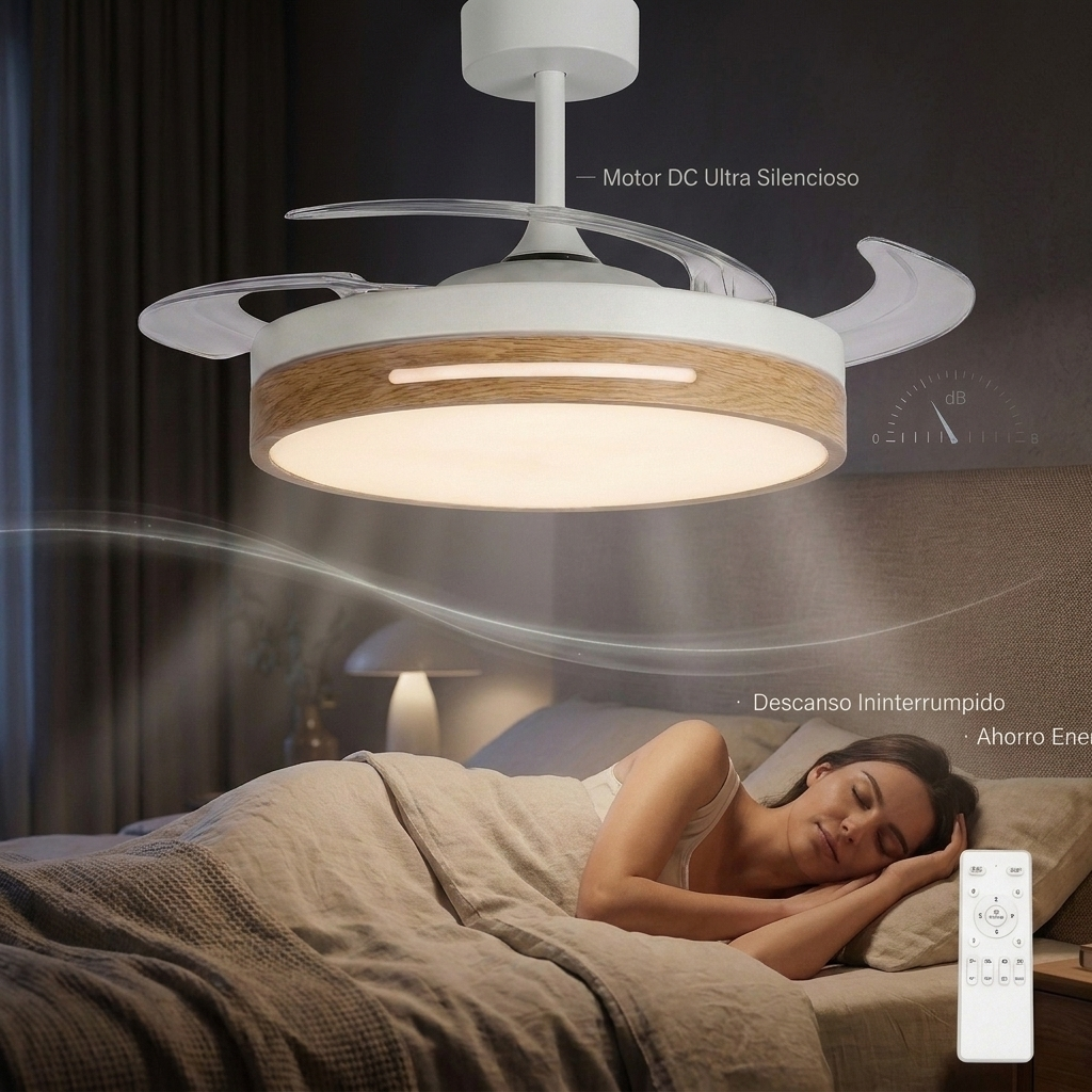 Una mujer duerme en la cama mientras un ventilador de techo con luz flota sobre ella.