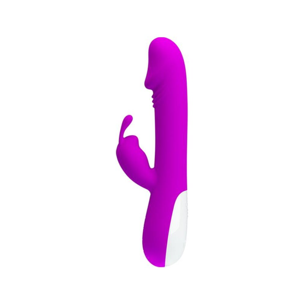 Un vibrador morado con un acento blanco en la parte inferior.
