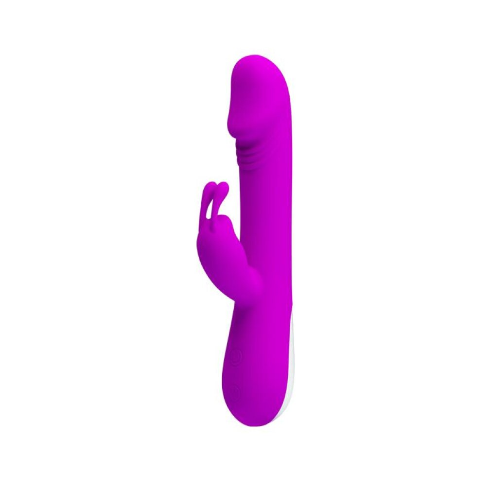 Un vibrador morado con dos orejas y estrías en el eje.