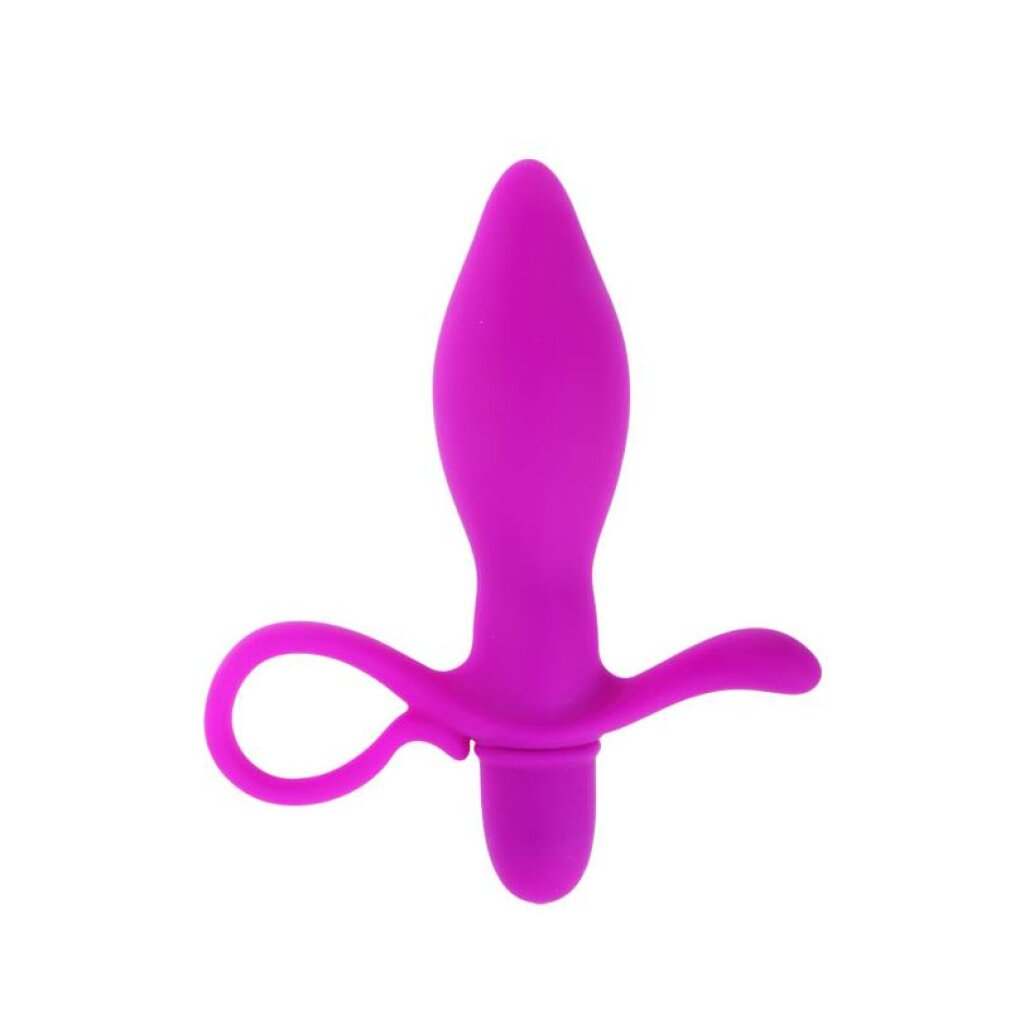Un tapón anal morado con un mango curvo.