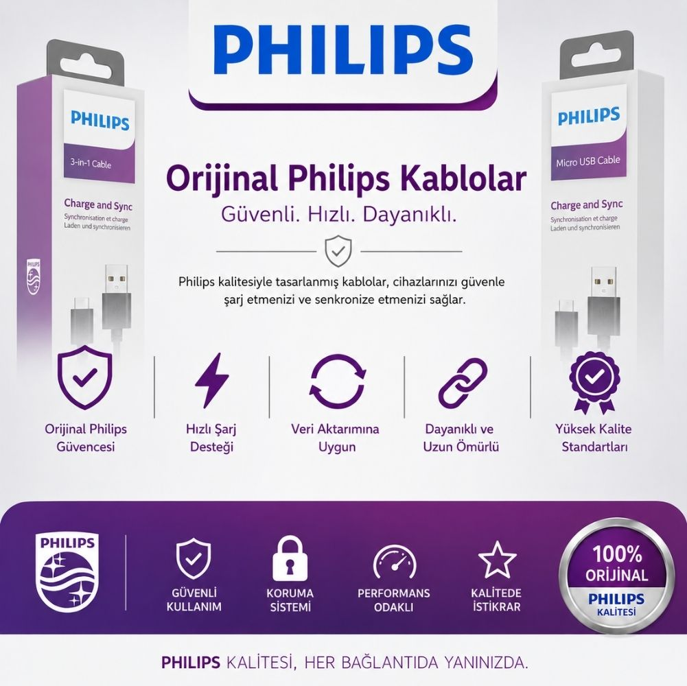 Philips logosu, şarj kabloları için iki paket üzerinde: 3'ü 1 arada ve Micro-USB.