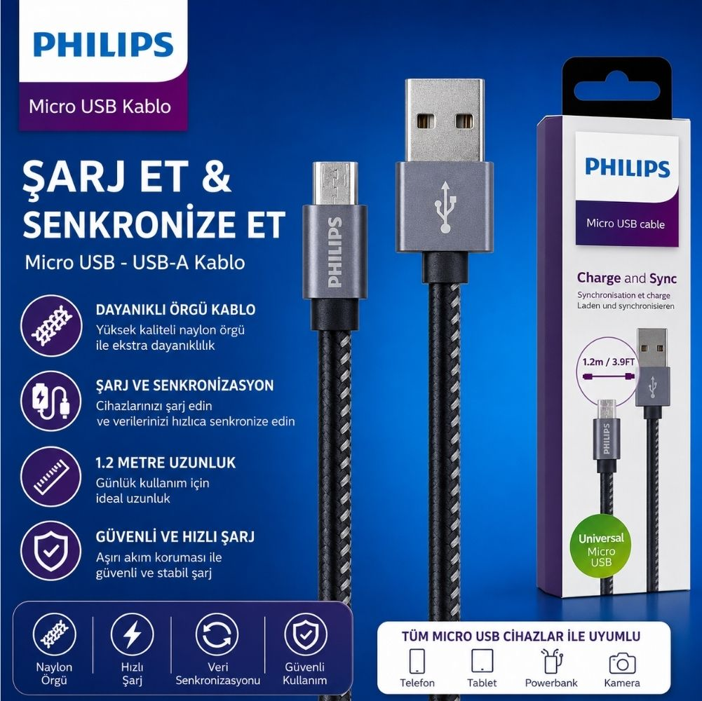 Philips Micro USB - USB-A kablosu, örgülü. 1.2m uzunluk. Gri ve siyah.