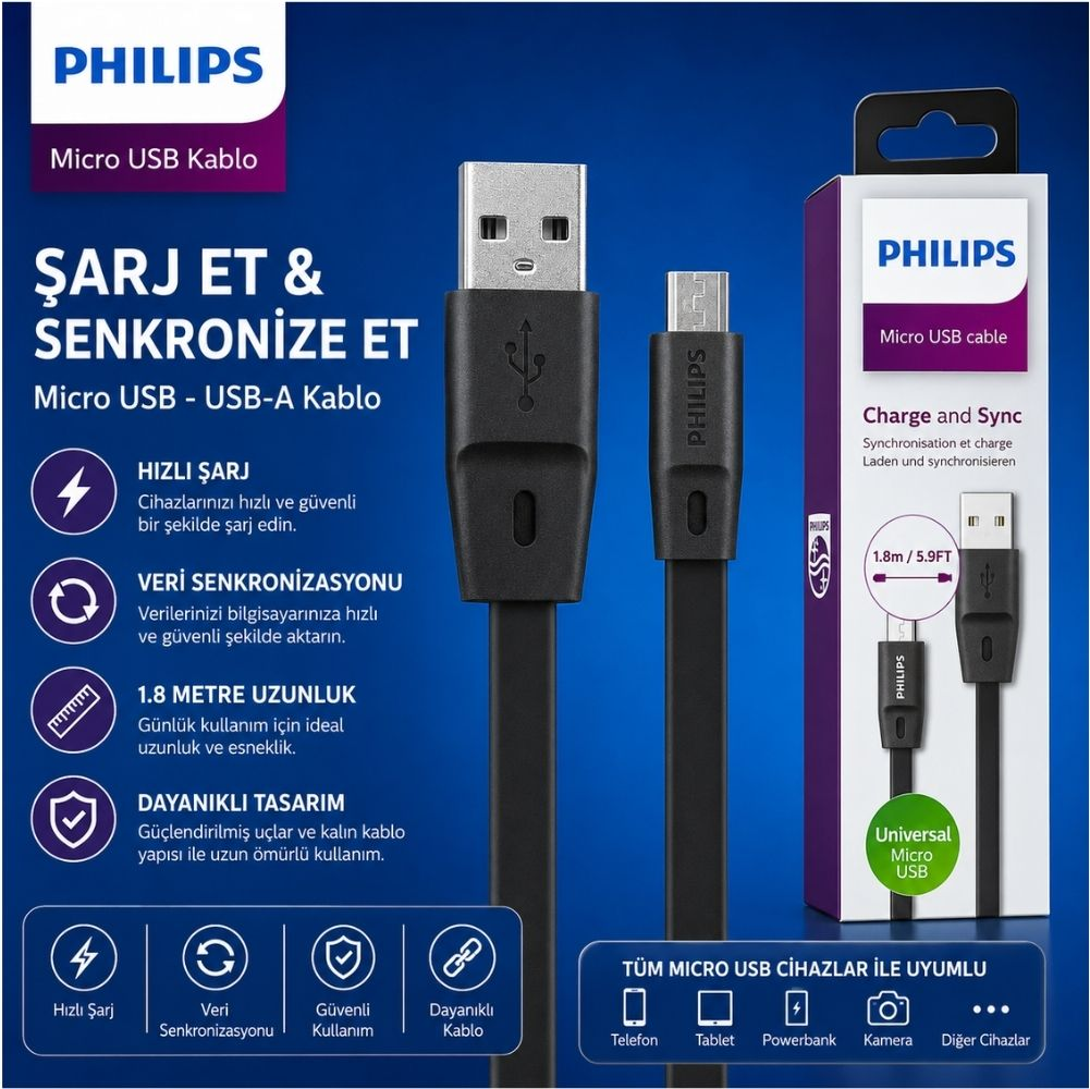 Siyah Philips Micro-USB kablosu USB-A bağlantılı, 1,8m uzunluğunda.