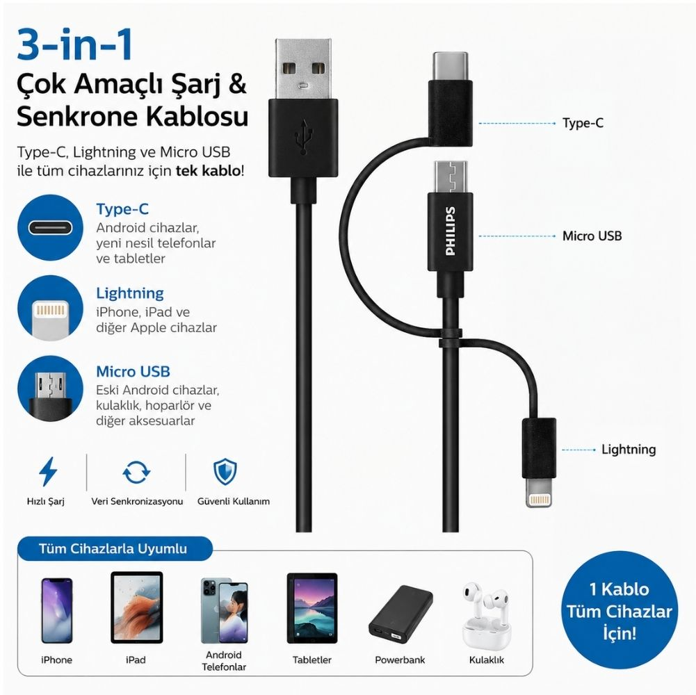 USB-A, Type-C, Micro USB ve Lightning konnektörlü siyah 3'ü 1 arada şarj kablosu.