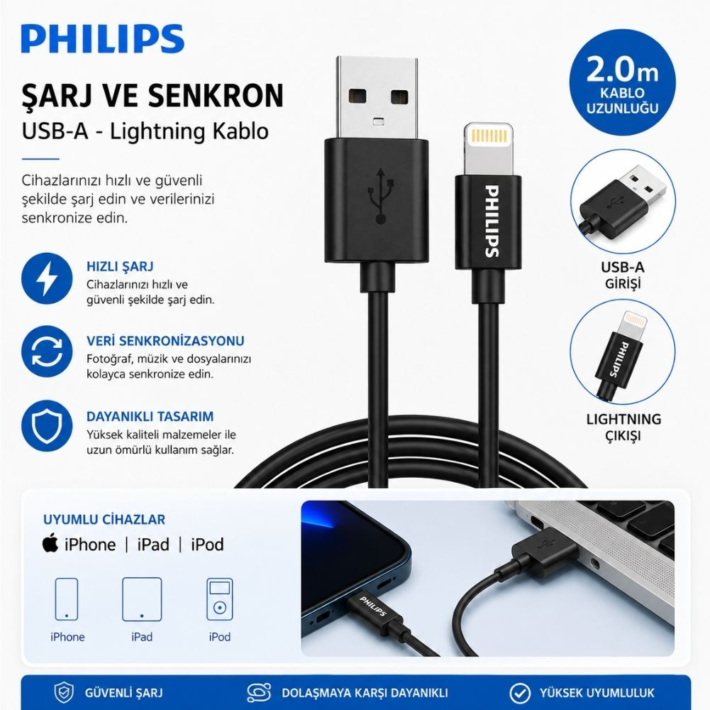 Philips USB-A - Lightning kablosu, 2m, hızlı şarj ve veri senkronizasyonu için.