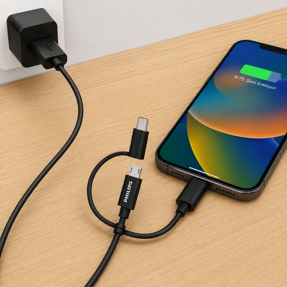 Prizdeki siyah şarj adaptörü bir akıllı telefonu şarj ediyor.