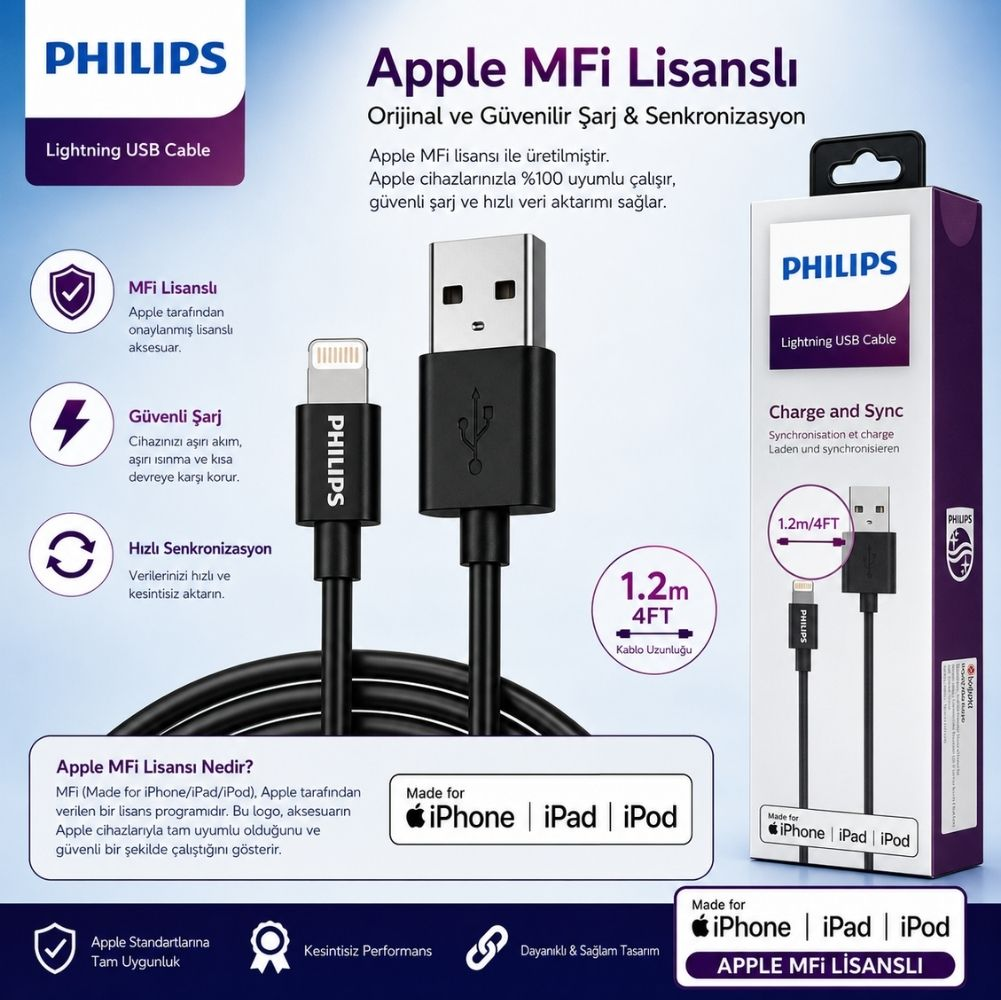 Philips Lightning USB Kablo: MFi sertifikalı, 1,2m/4ft, şarj ve senkronizasyon için.