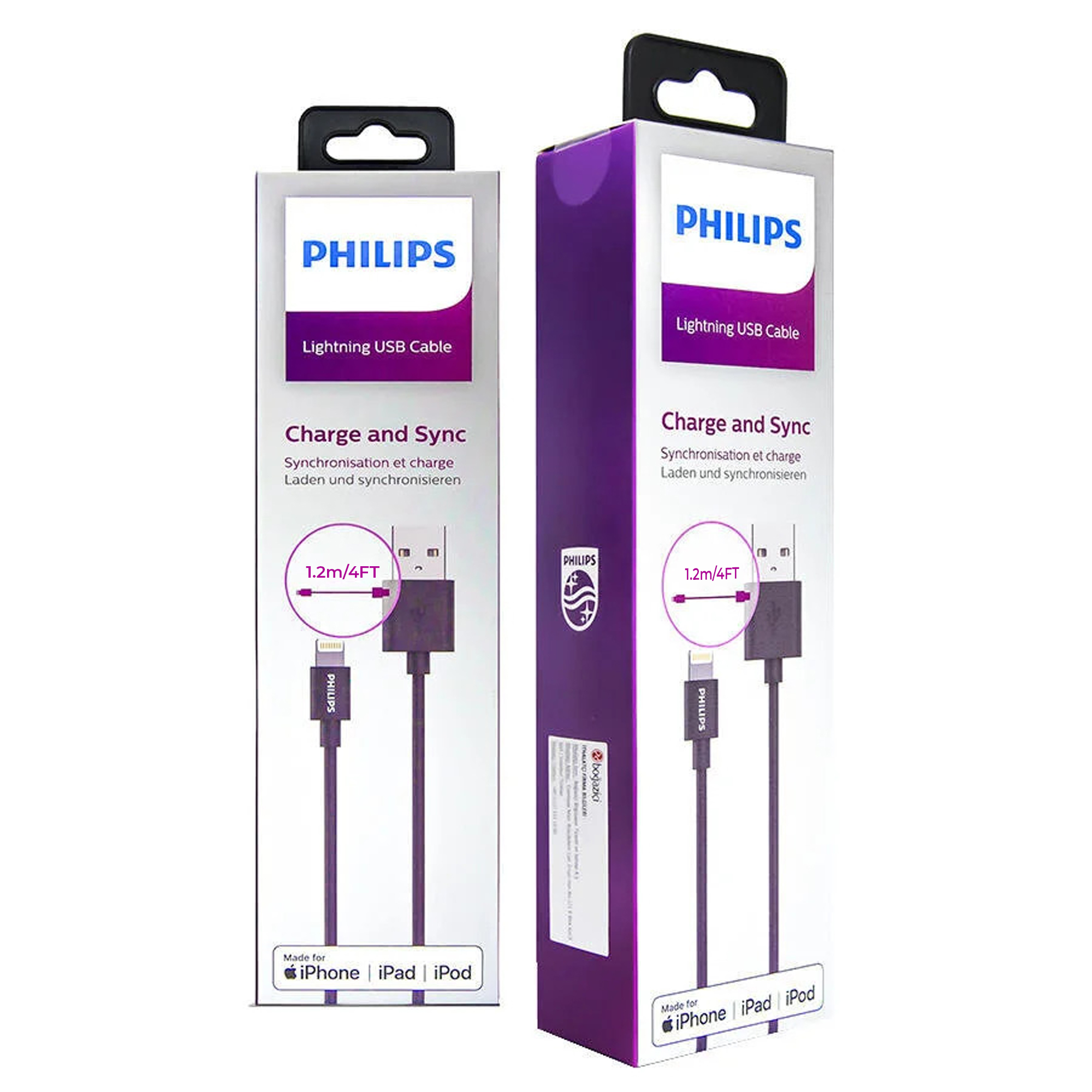Yan yana iki Philips Lightning USB kablo kutusu, her ikisi de 1,2m/4FT.