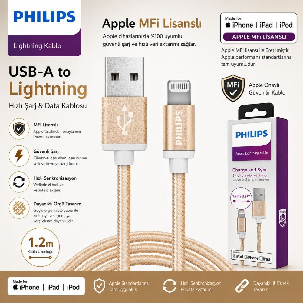 Philips USB-A - Lightning kablosu, altın rengi, MFi sertifikalı, 1,2m.
