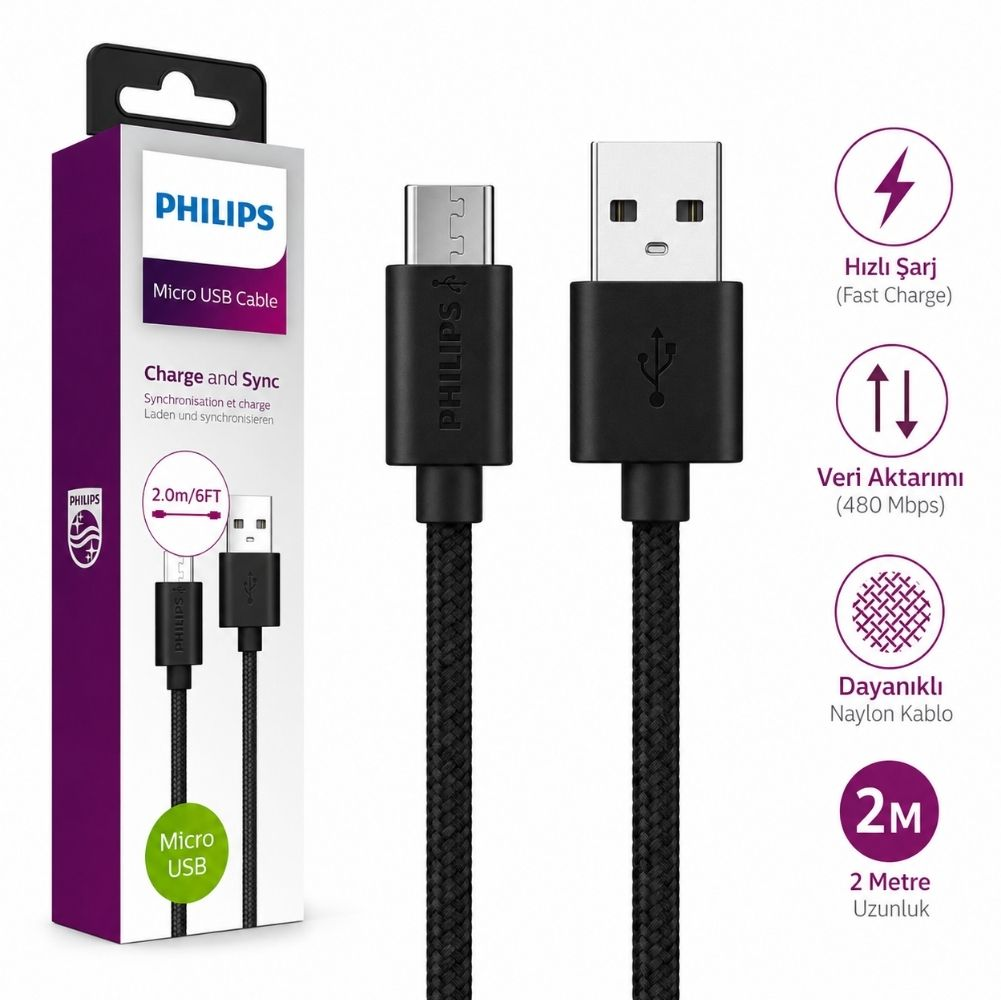 Philips Micro USB kablosu: 2m, siyah, örgülü, şarj ve senkronizasyon için.