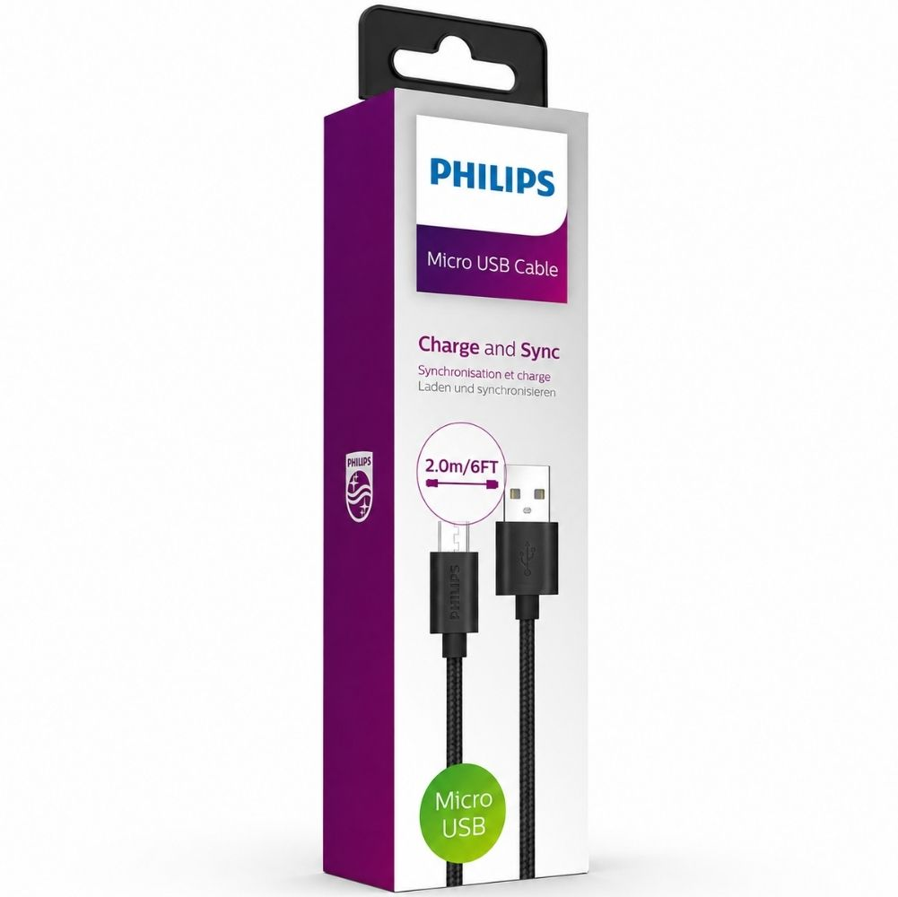 Philips Micro USB kablosu, 2,0m/6FT, siyah, şarj ve senkronizasyon için.