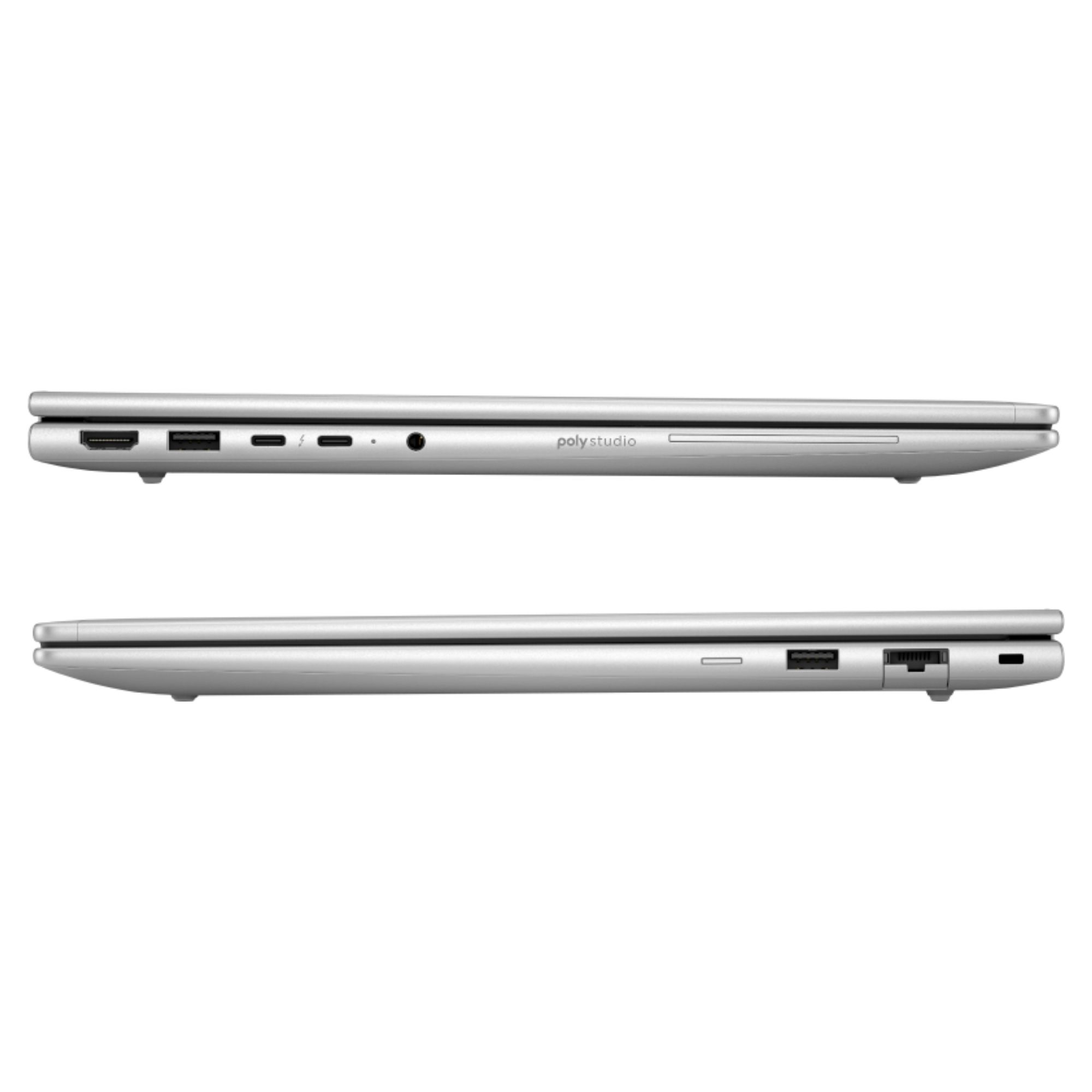 Yanlarda bağlantı noktalarına sahip gümüş dizüstü bilgisayar: HDMI, USB-A, USB-C, ağ kablosu.