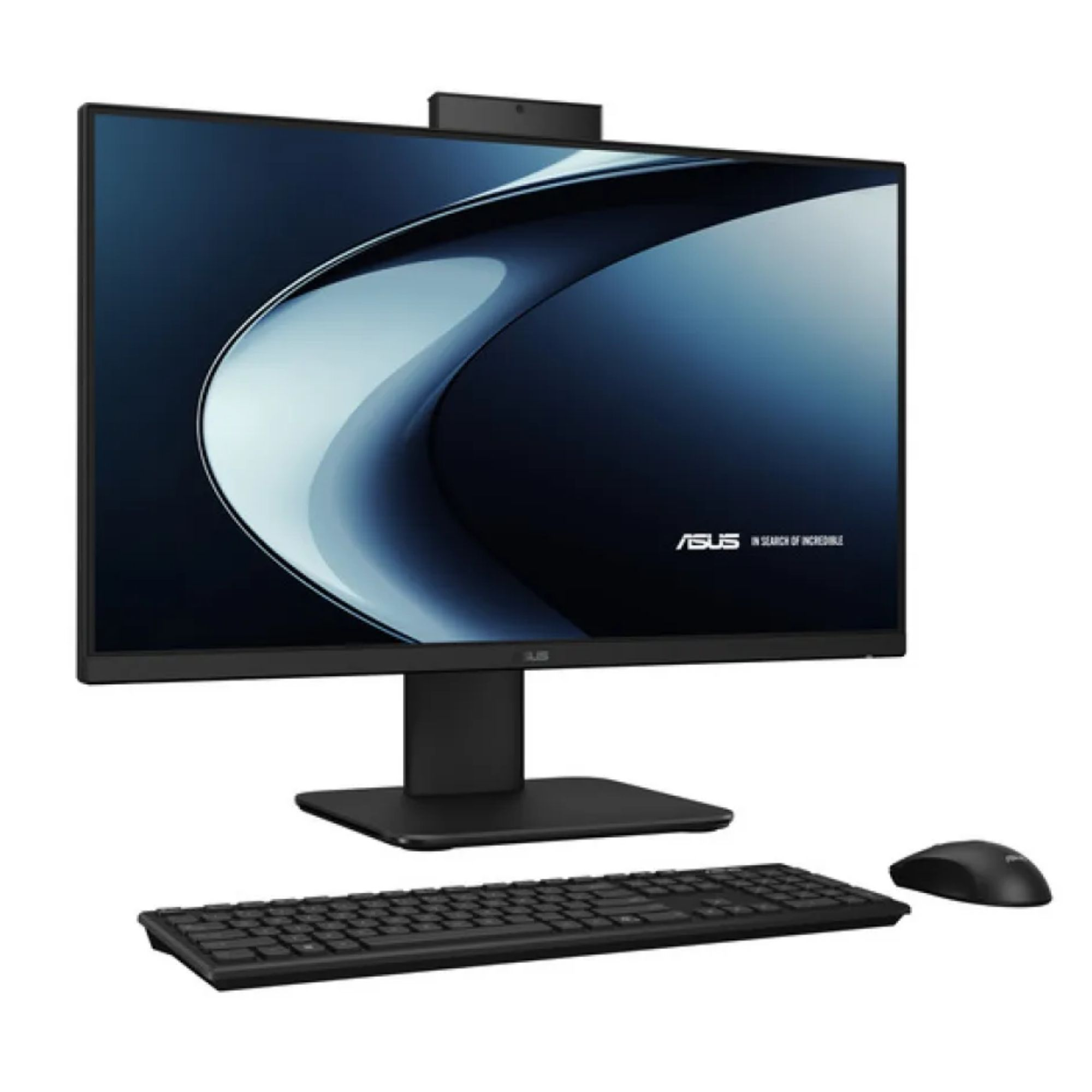 Beyaz arka plan üzerinde klavyeli ve fareli siyah All-in-One PC.