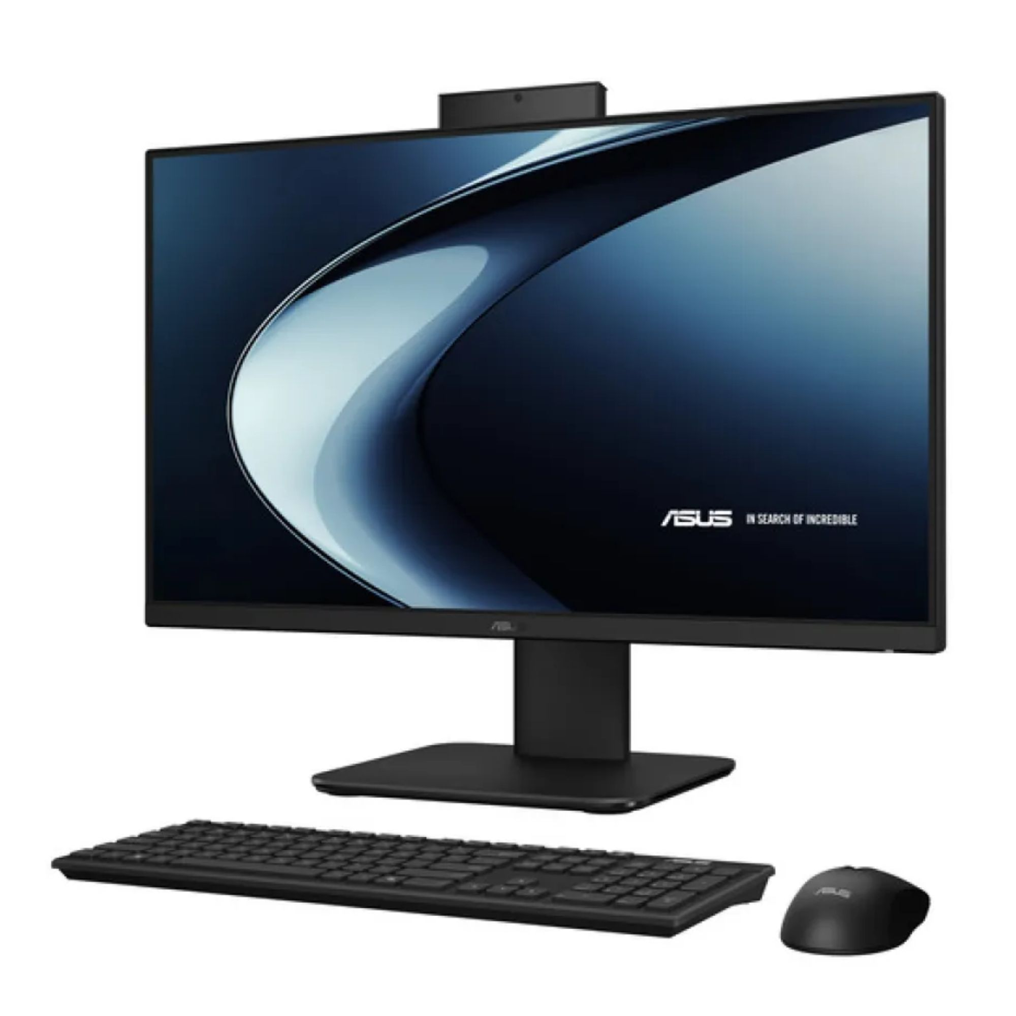 Beyaz arka planda klavye ve fareli siyah Asus Hepsi Bir Arada bilgisayar.