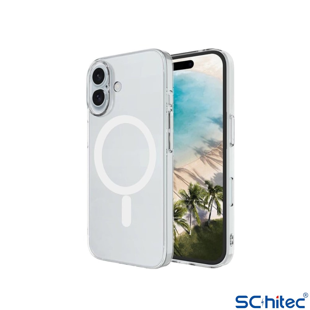 Sahil manzaralı bir telefonda manyetik halkalı şeffaf telefon kılıfı.