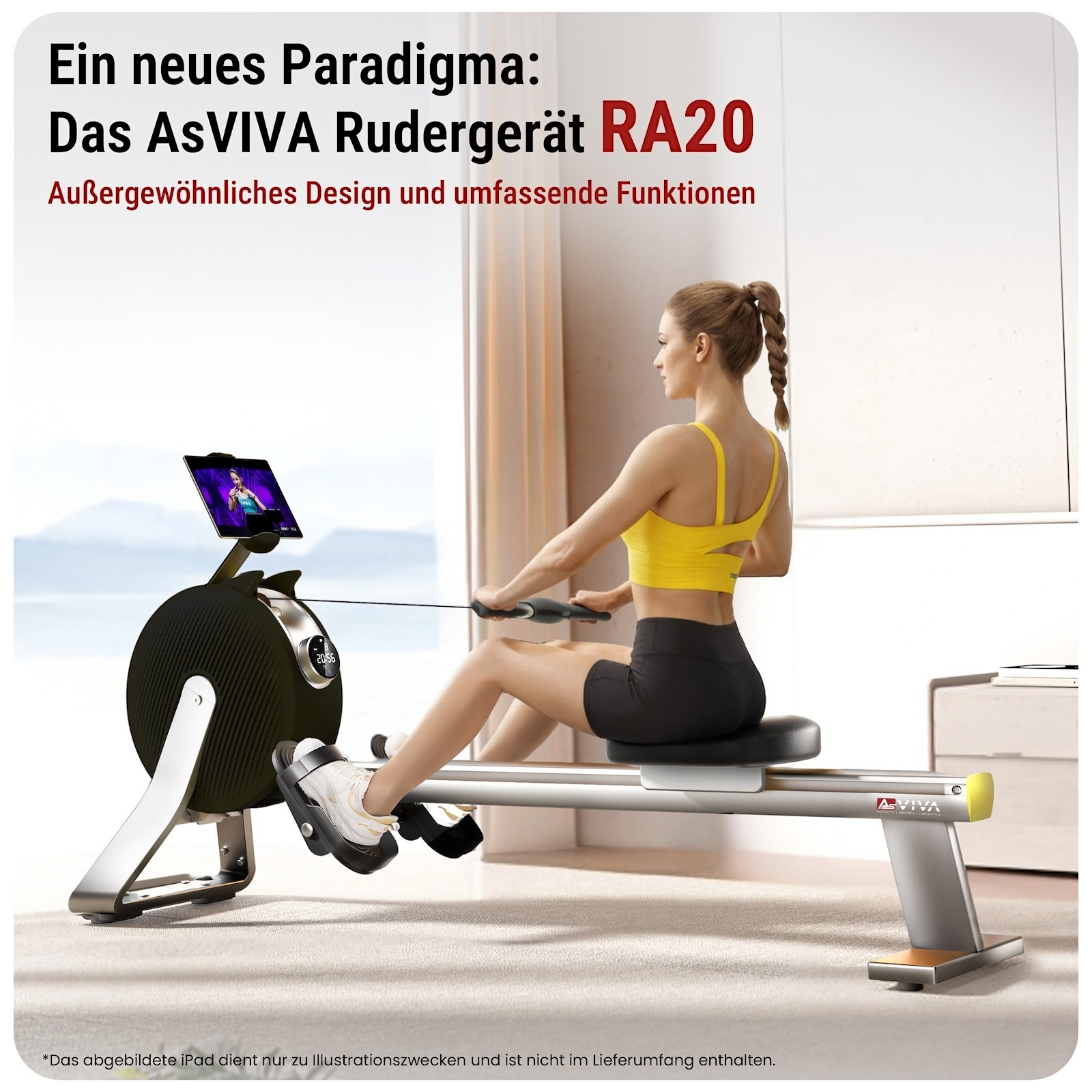 Eine Frau trainiert auf einem Rudergerät mit einem Tablet.