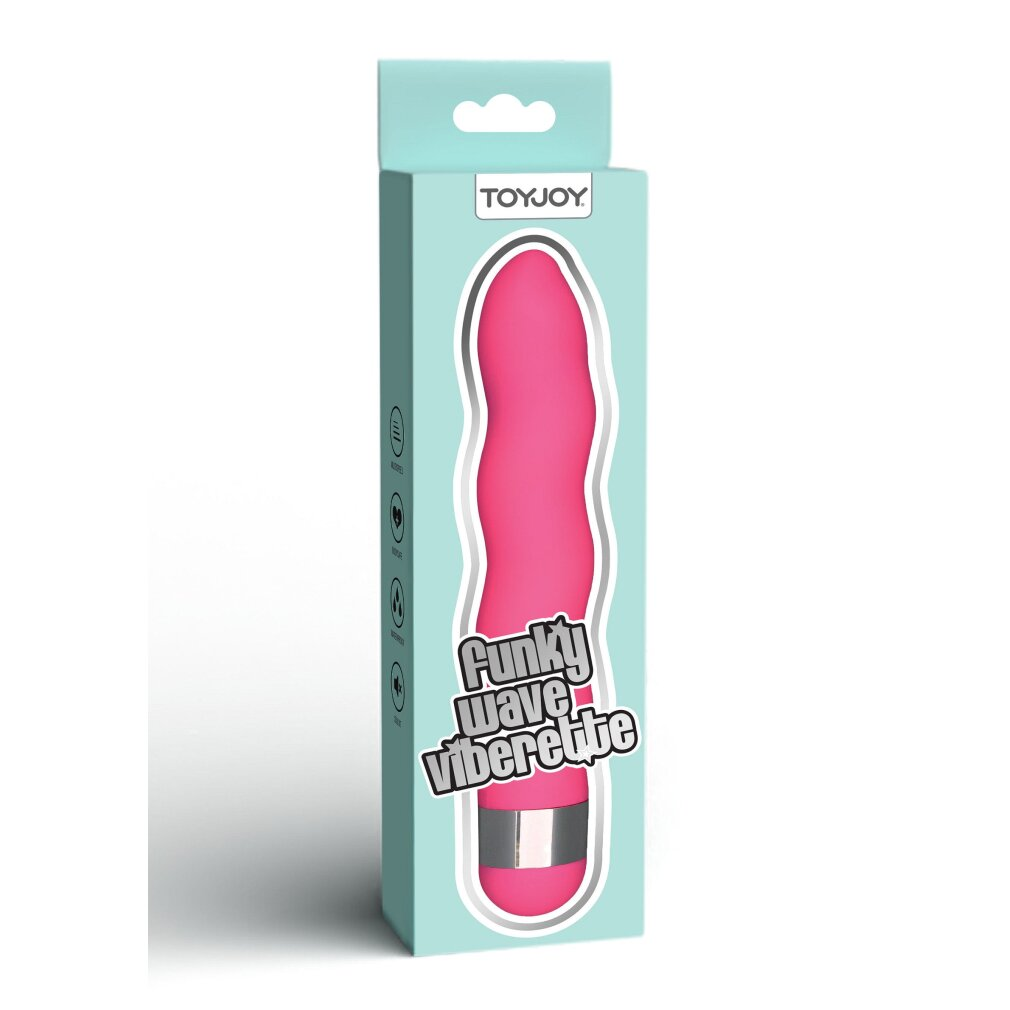 Eine pinke Vibrationshilfe in Wellenform in einer mintgrünen Verpackung mit dem Aufdruck "Funky Wave".