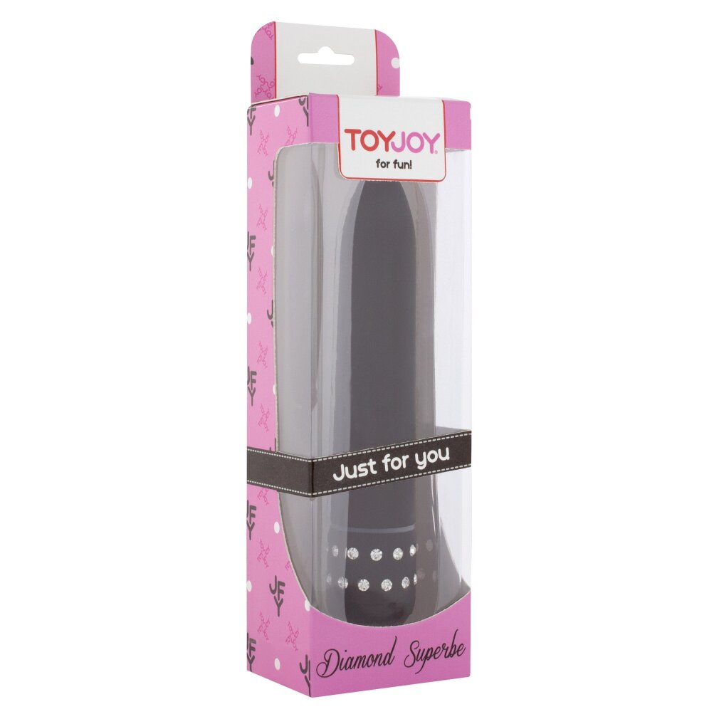 Schwarzer Vibrator in einer rosa und transparenten Box mit Glitzer.