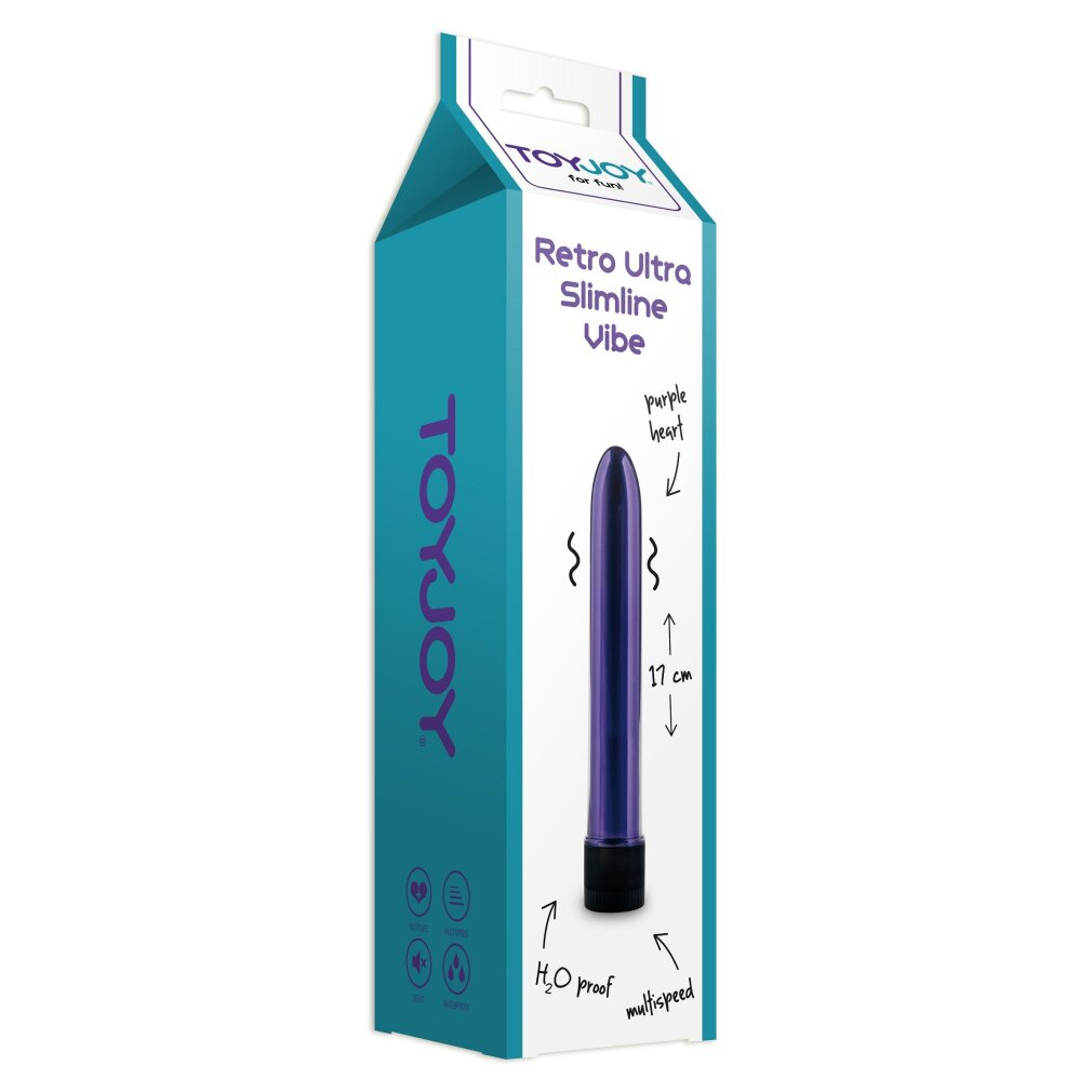 Lila Toyjoy Slimline Vibe Verpackung mit Produktabbildung und Text.