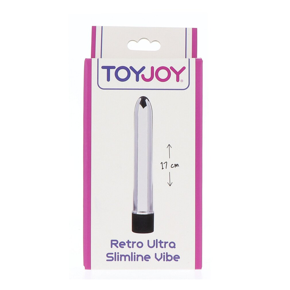 Verpackung für einen schlanken Vibrator in Silber mit schwarzem Griff und 17 cm Angabe.