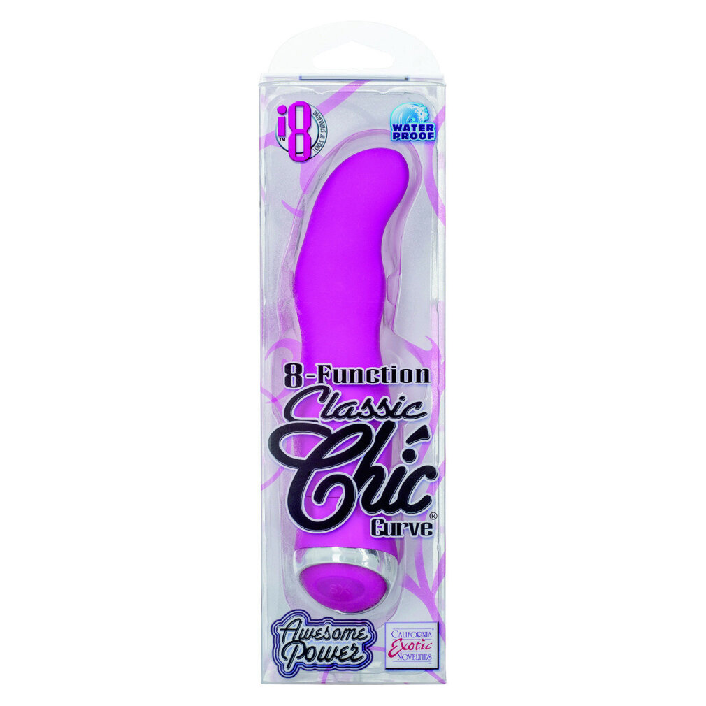 Lila Vibrator in Verpackung mit Aufschrift 8-Function Classic Chic Curve.