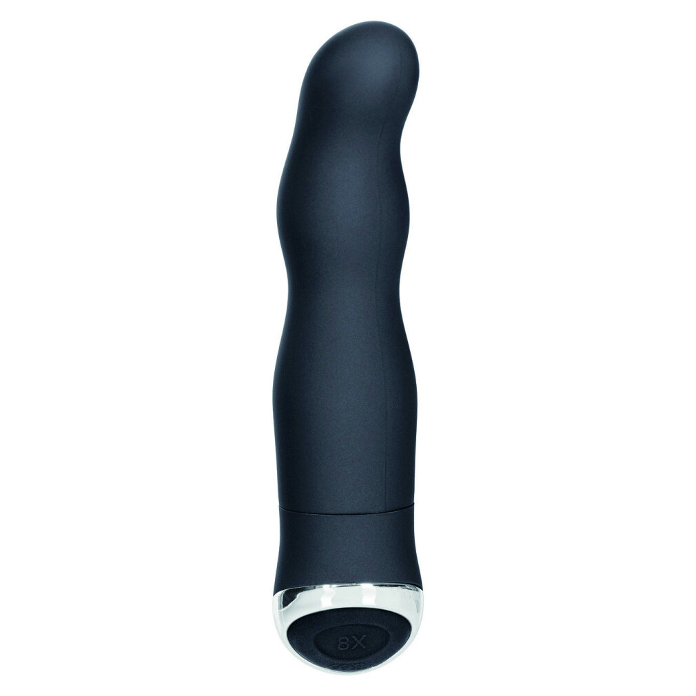 Schwarzer Vibrator mit geschwungener Form und silbernem Ende mit der Aufschrift 8X.