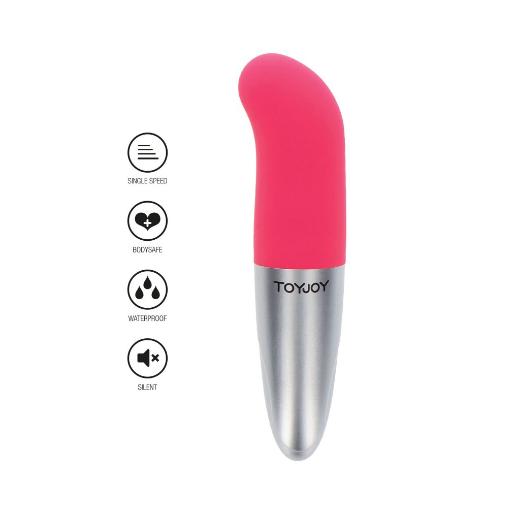 Ein pinkfarbener Vibrator mit silberner Basis, beschriftet mit TOYJOY.