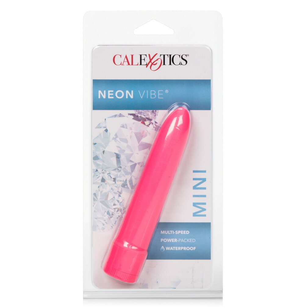 Ein pinker Vibrator mit der Aufschrift 'Mini' und 'Neon Vibe' auf der Verpackung.