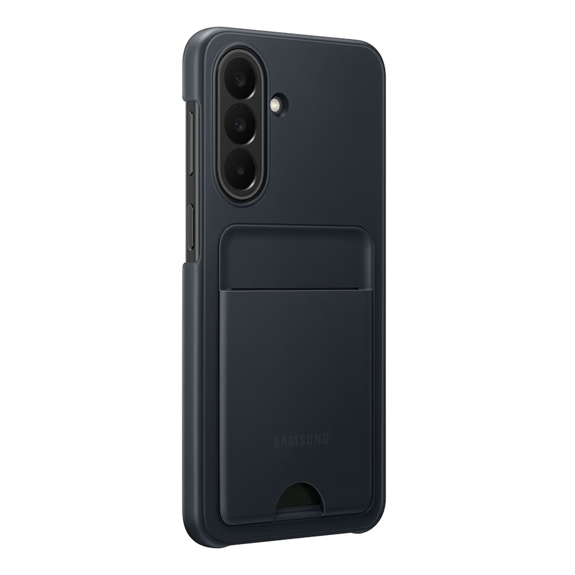 Custodia blu scuro per Samsung con slot per carte e foro per fotocamera.
