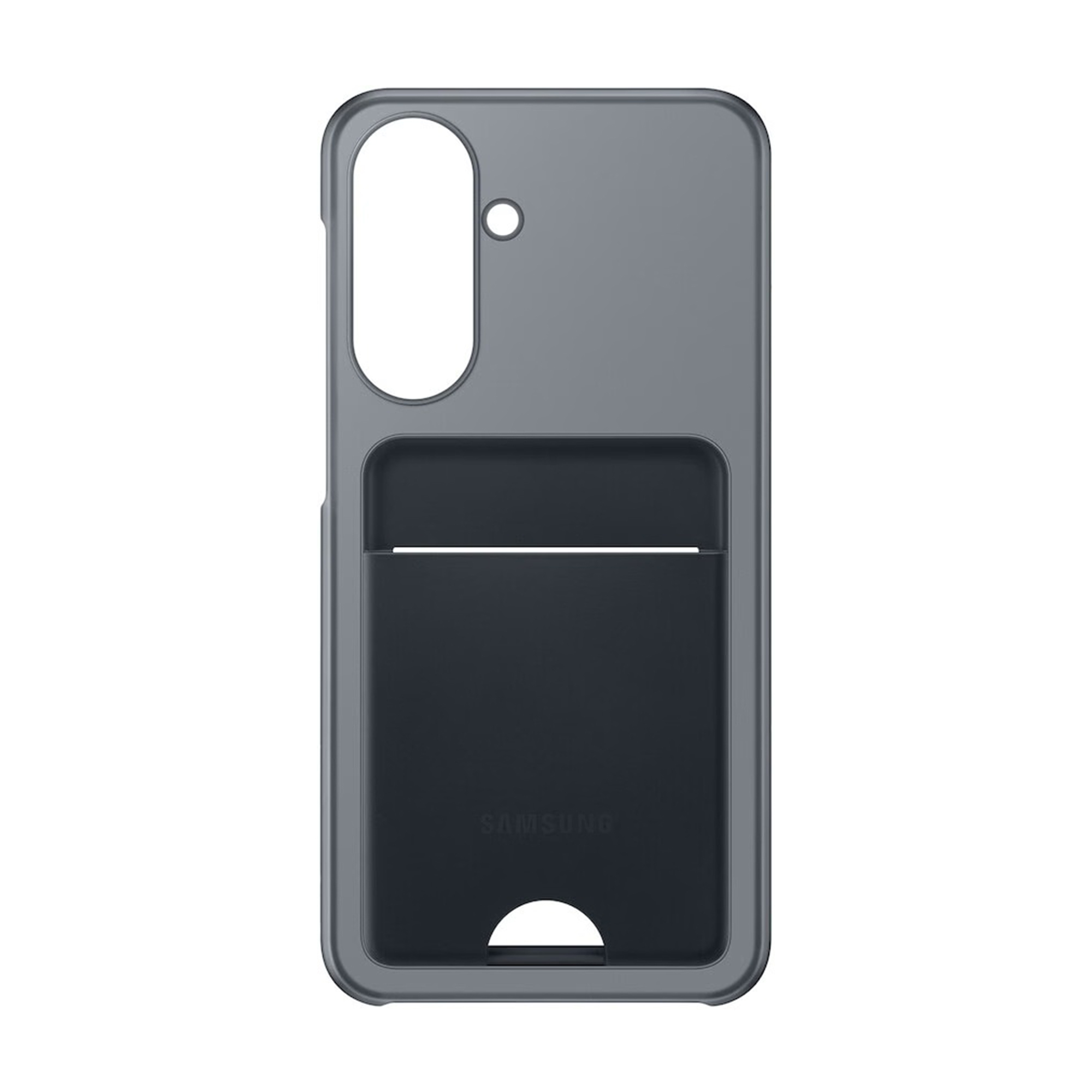 Custodia grigia per telefono con slot per carte e ritaglio fotocamera.