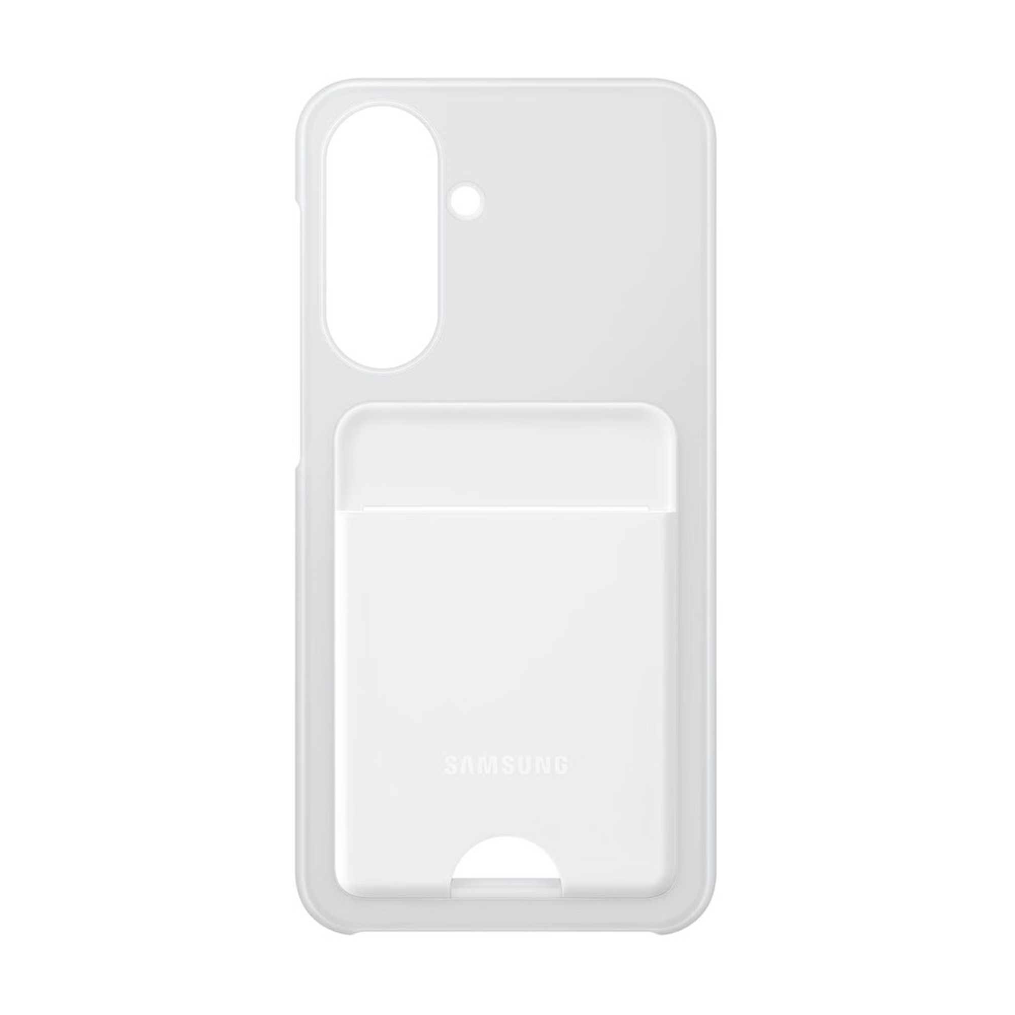 Una custodia bianca per telefono con slot per carte e logo Samsung.