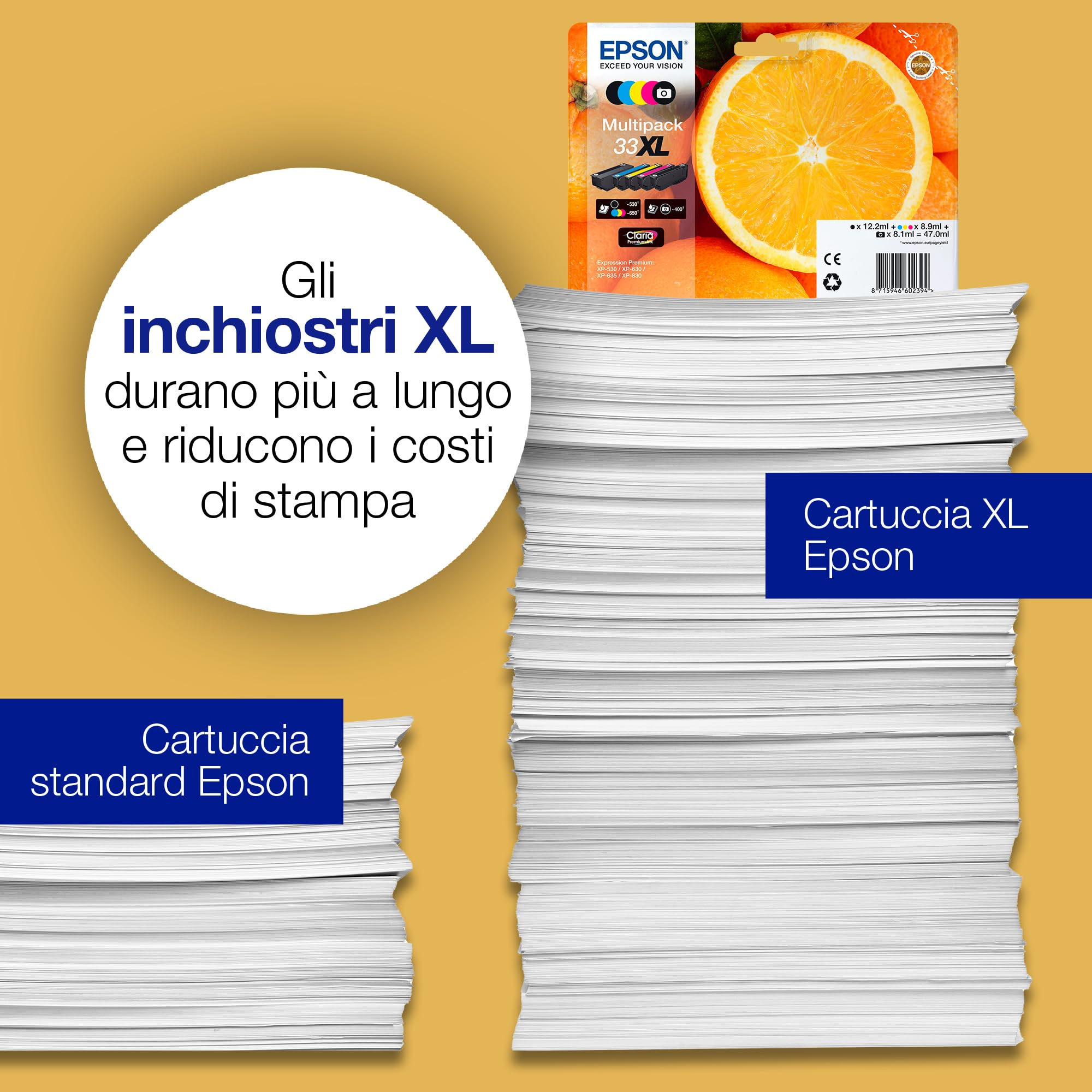 Multipack cartucce d'inchiostro Epson 33XL con arance e pile di carta.