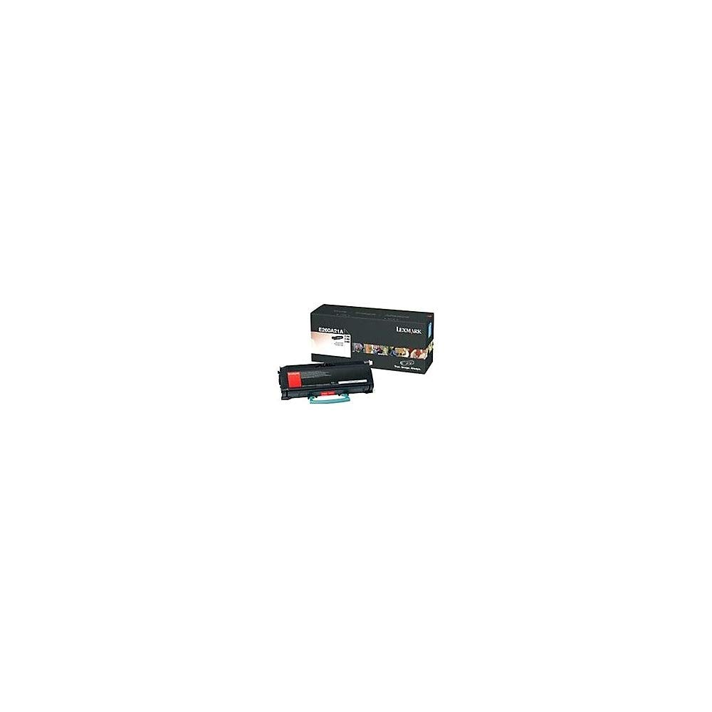 Cartuccia toner e scatola Lexmark, modello E260A21A, su sfondo bianco.