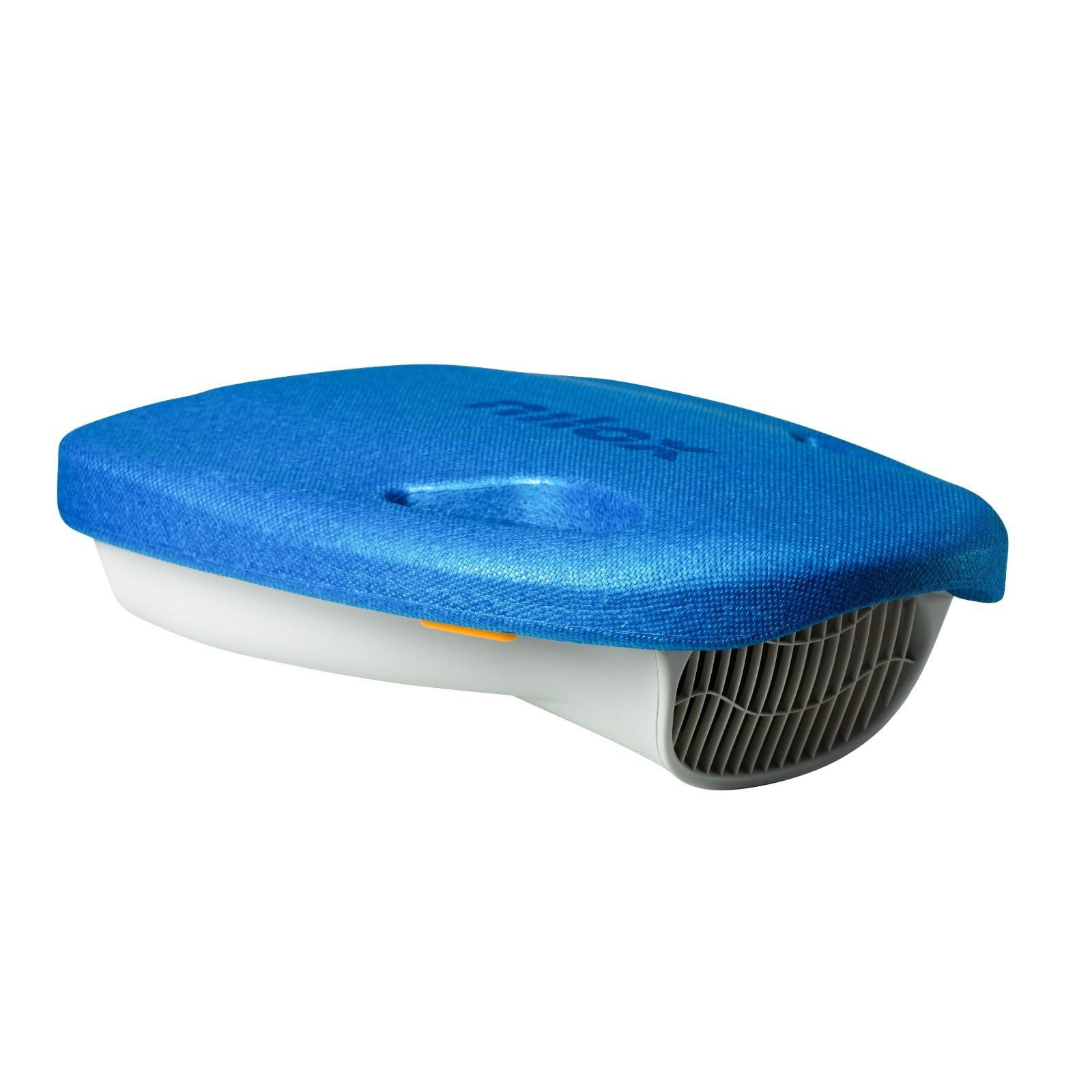 Un dispositivo cubierto de azul con rejillas de ventilación y un interruptor naranja.