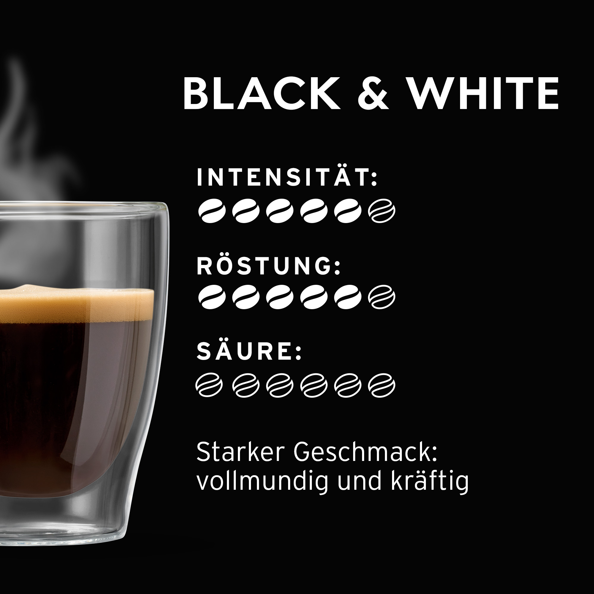 Ein Glas Espresso mit Schaum, daneben "Black & White" und Kaffeebohnensymbole.