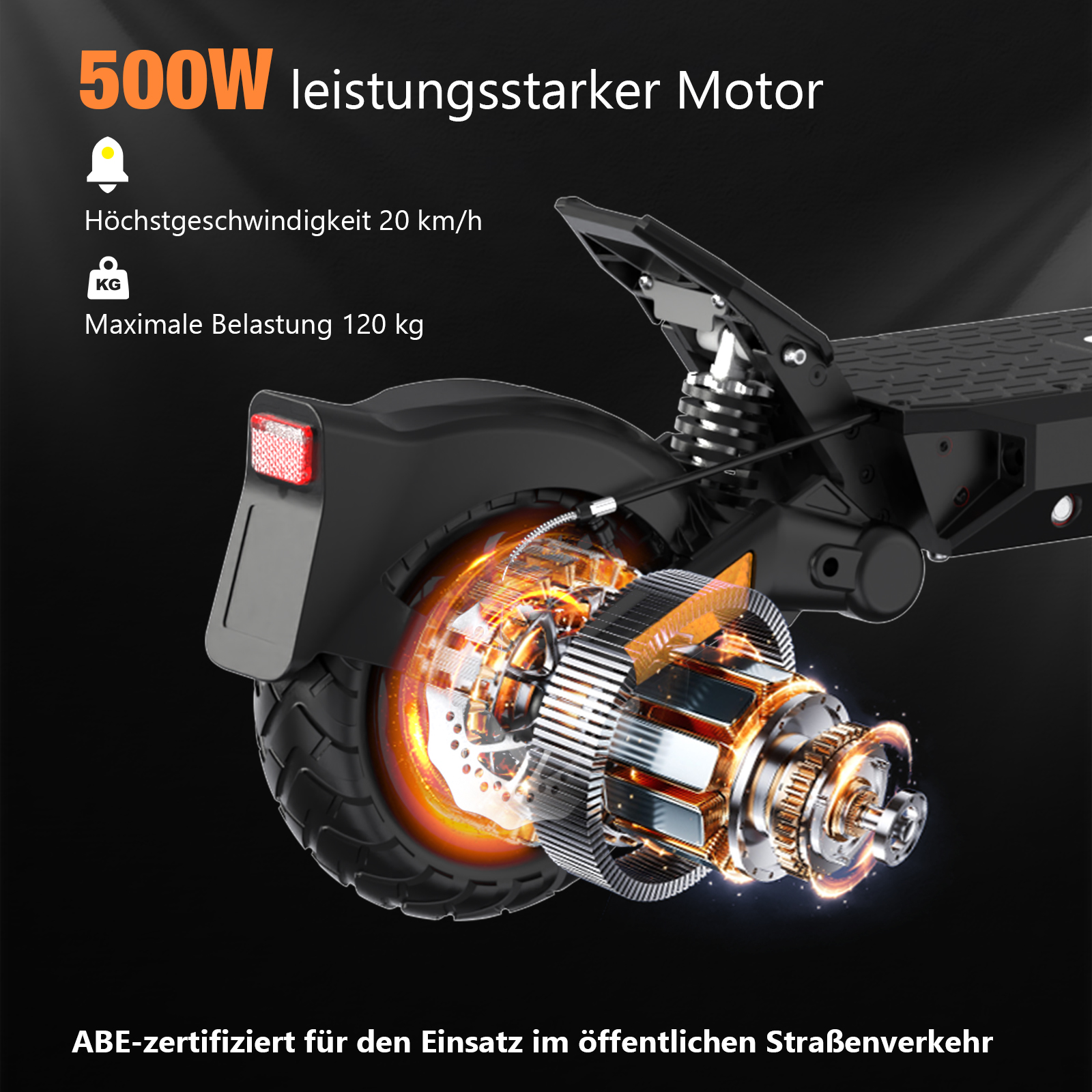 500W starker Motor, 20km/h, 120kg Last. ABE-zertifiziert.