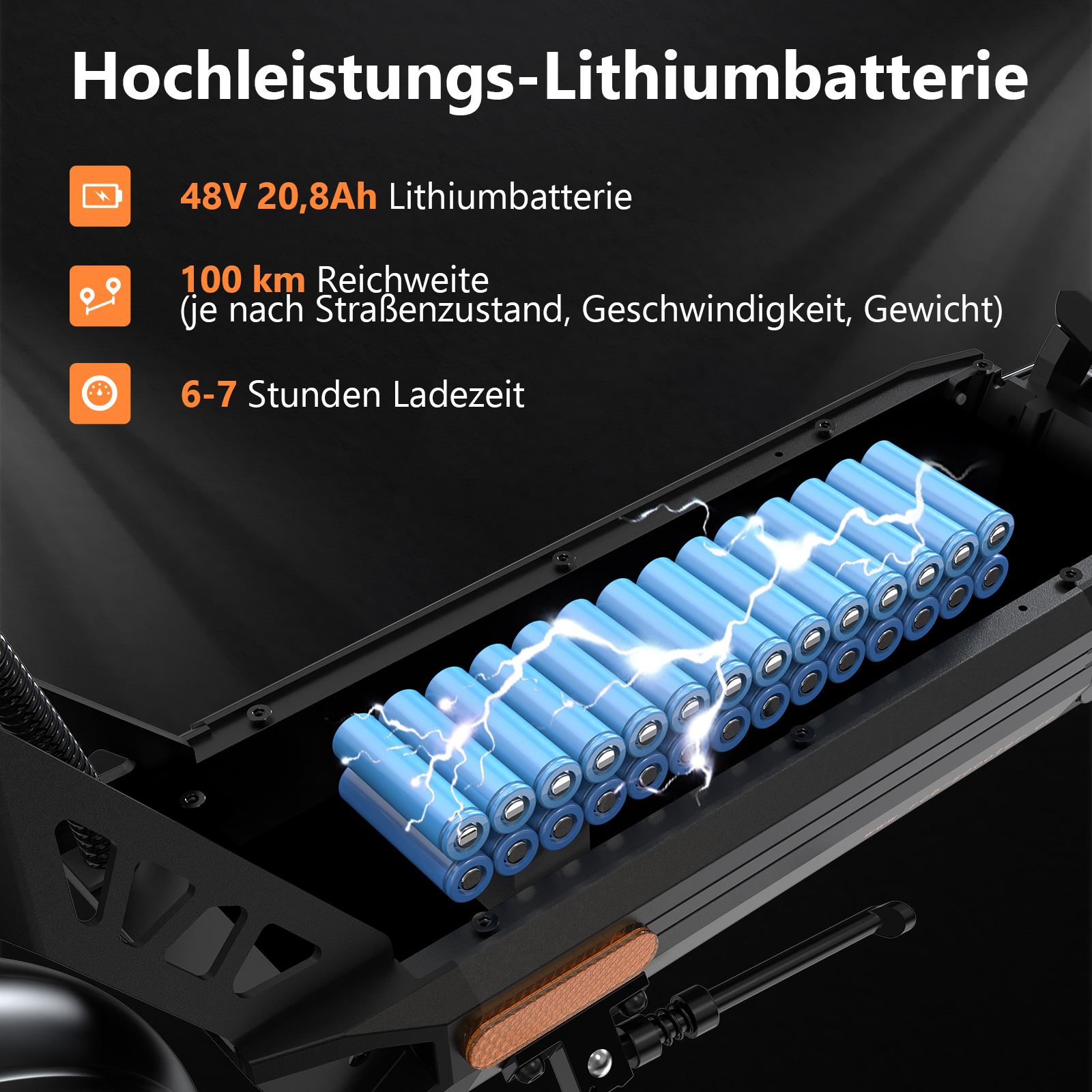 Hochleistungs-Lithiumbatterie mit 48V, 20,8Ah, 100km Reichweite, 6-7h Ladezeit.