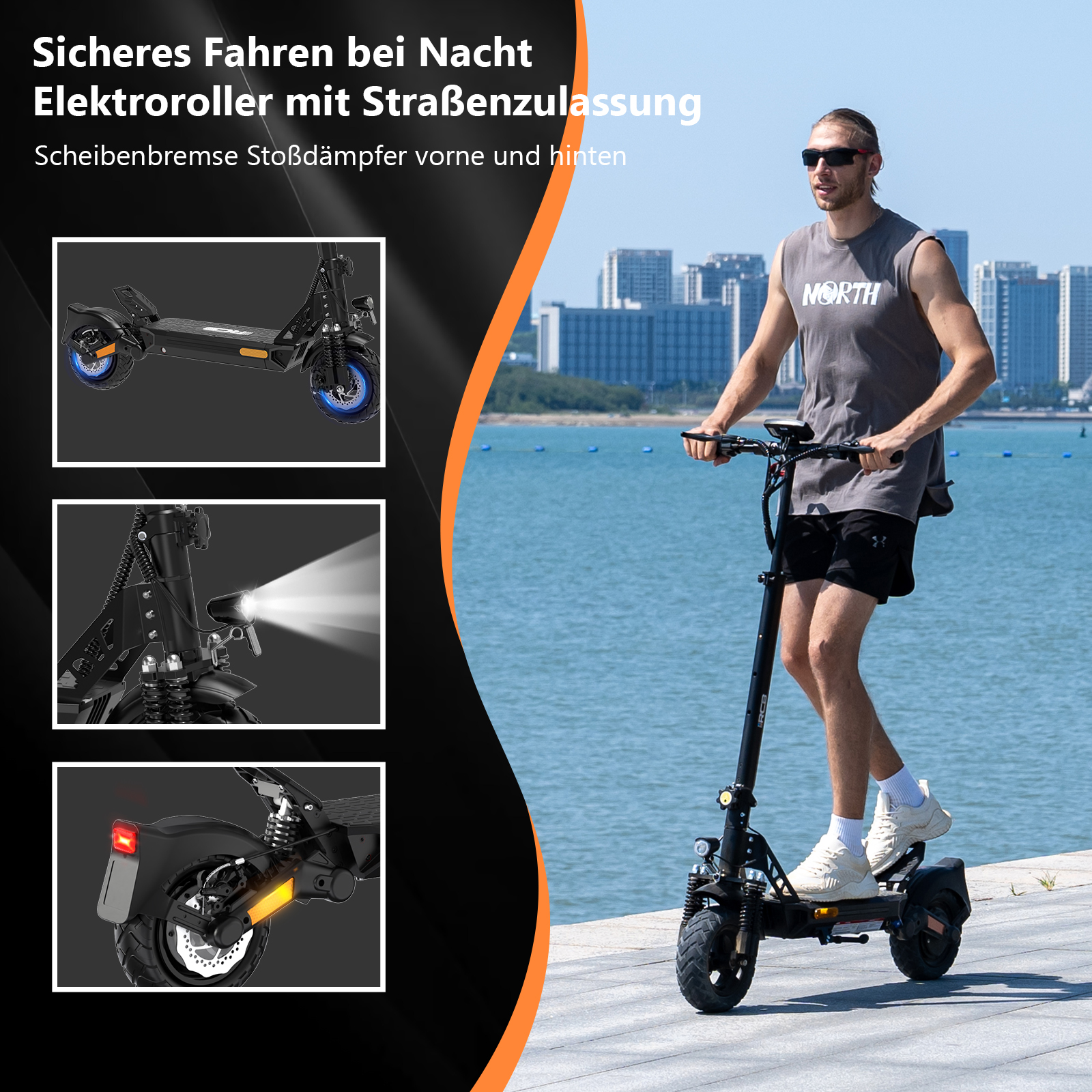 Mann fährt E-Scooter am Wasser, urbane Skyline im Hintergrund.