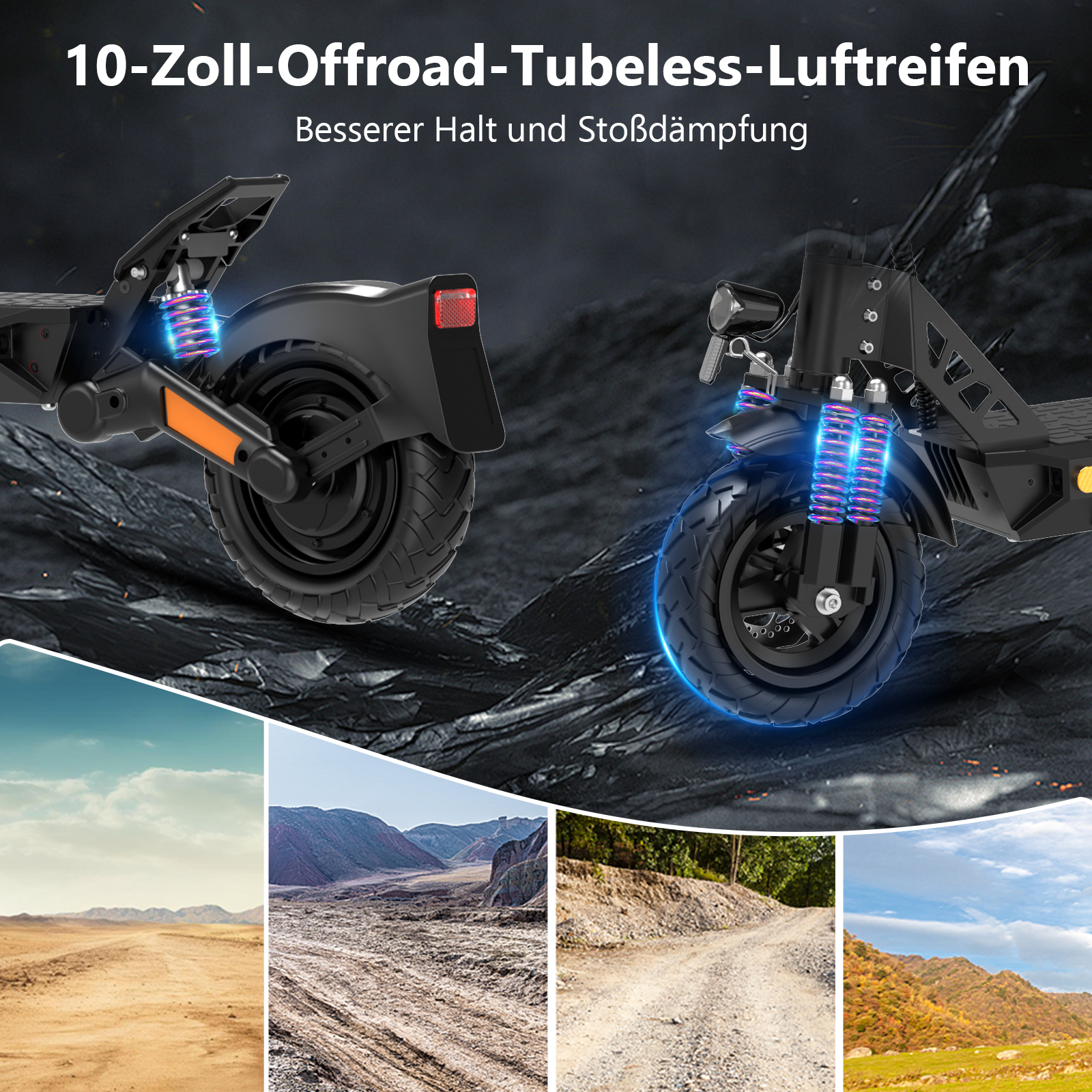 Zwei Elektroroller-Räder mit Offroad-Reifen und Stoßdämpfern.