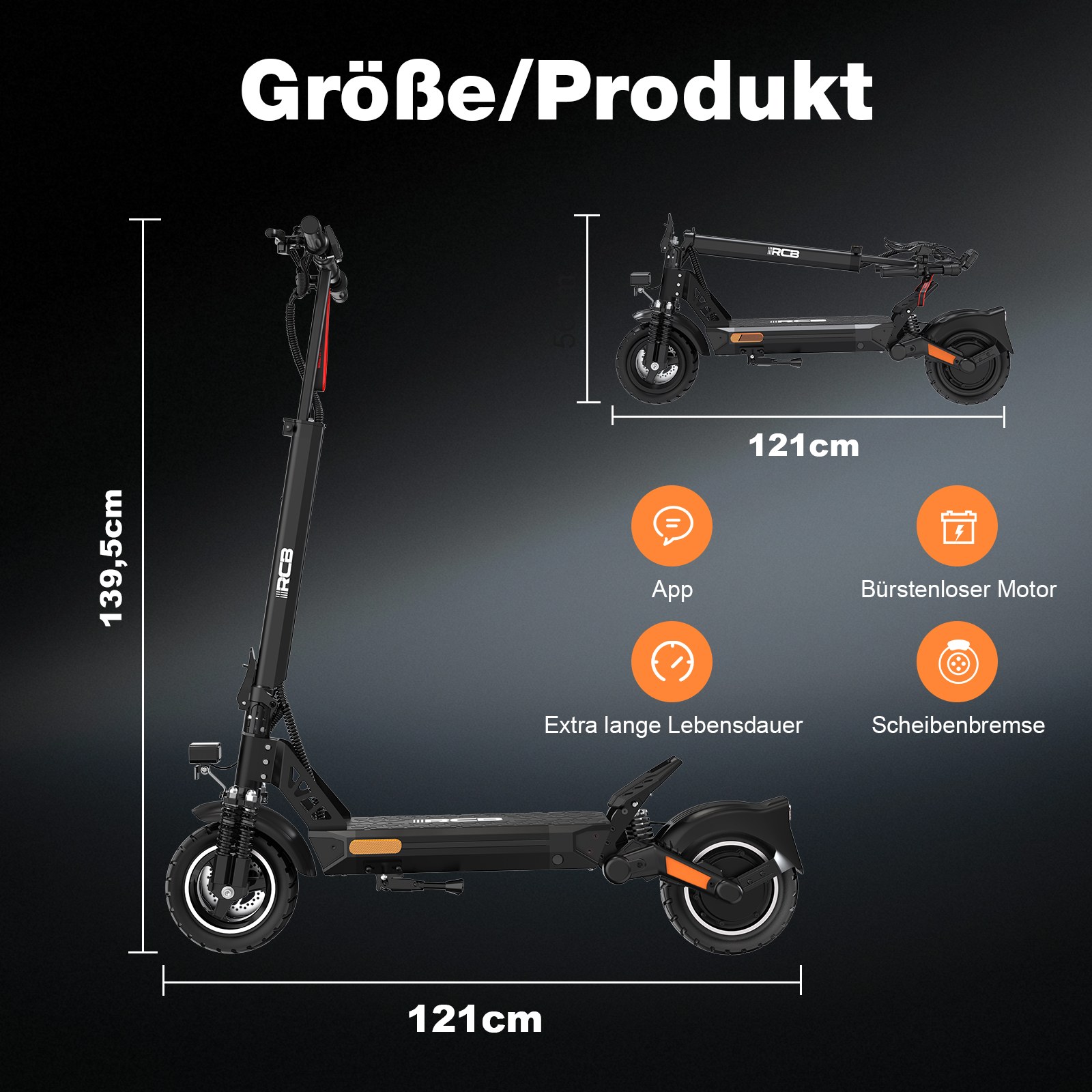 Ein schwarzer E-Scooter mit Maßen 139,5cm Höhe und 121cm Länge.