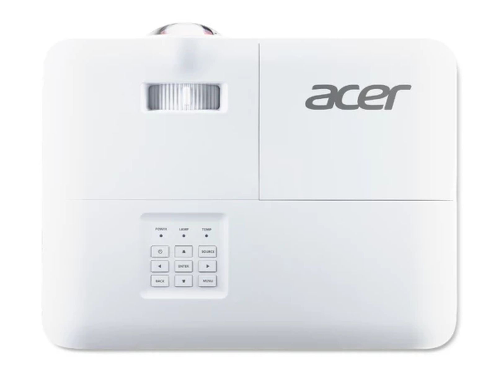Ein weißer Acer-Projektor mit Linsen- und Bedienfeld. Nahaufnahme.